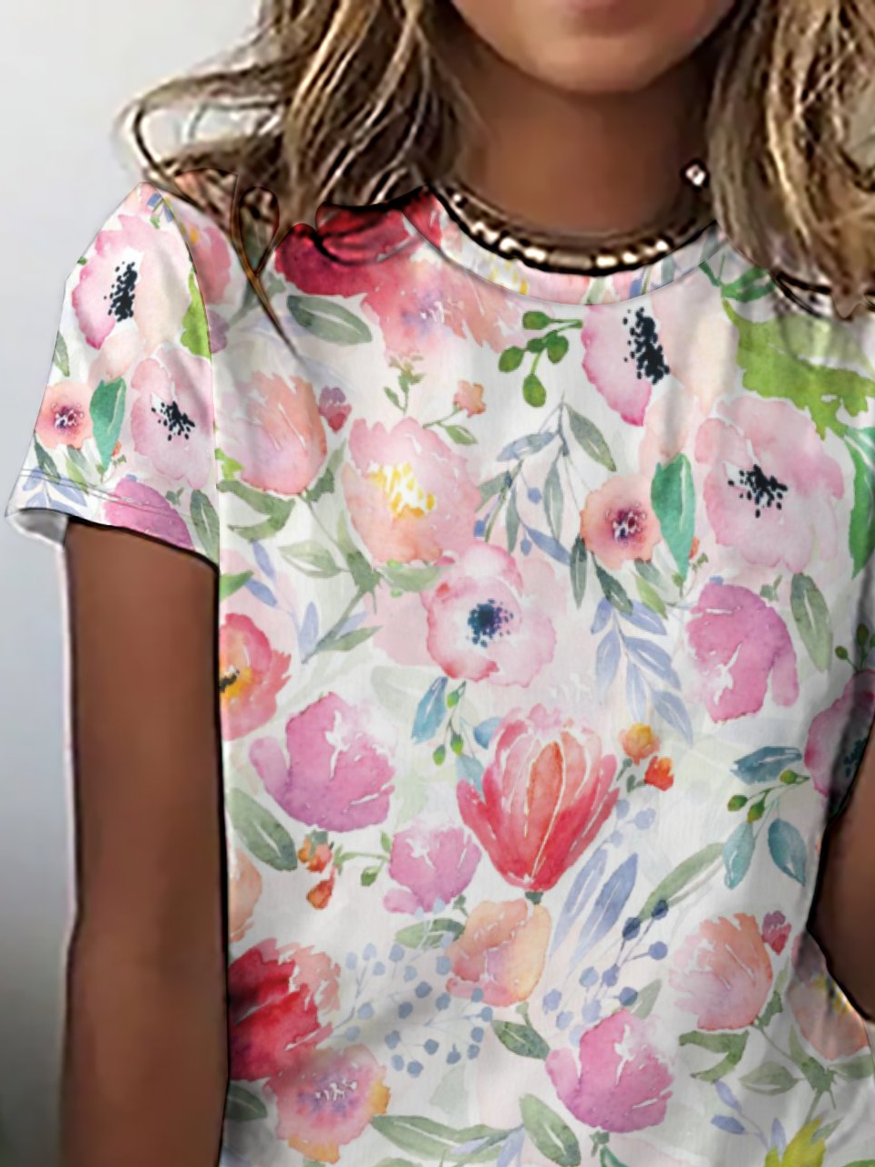 Casual Simple Floral Print Crew Neck T-Shirt