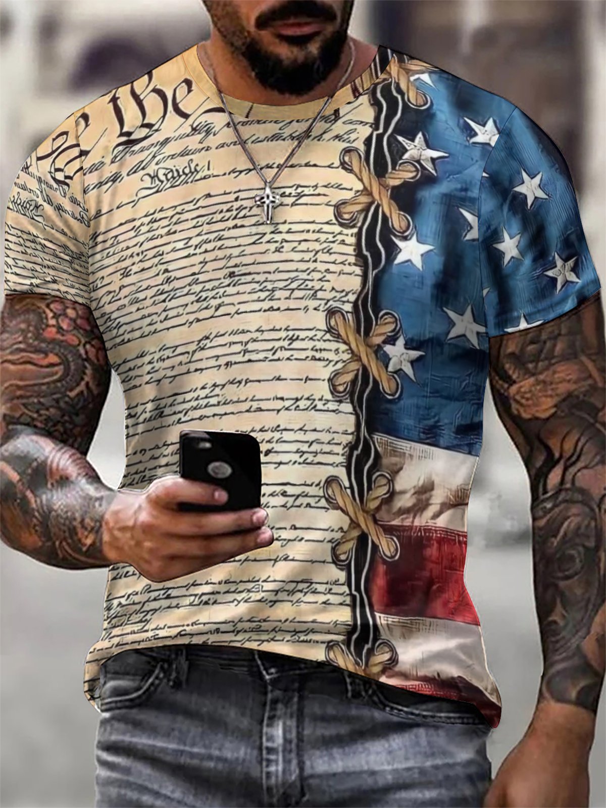 American Flag Crew Neck Street Short Sleeve T-Shirt