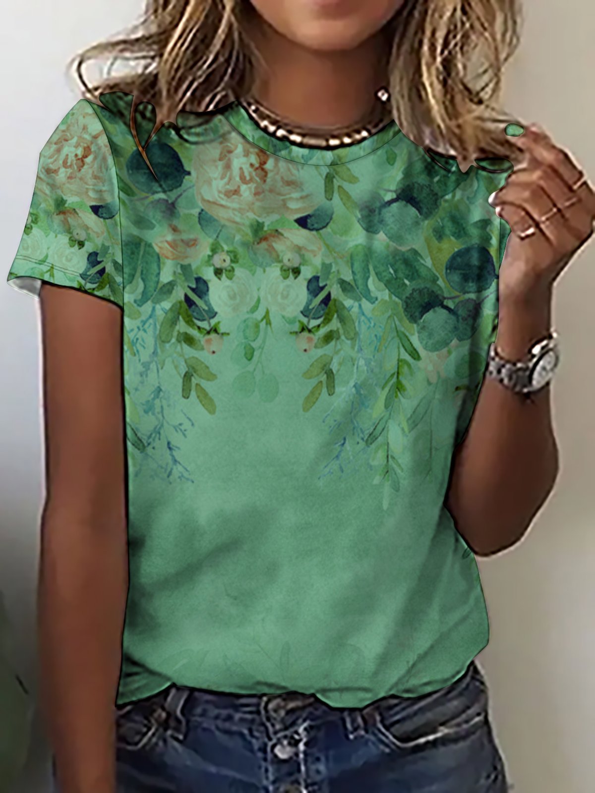 Casual Simple Plant Printed Crew Neck T-Shirt