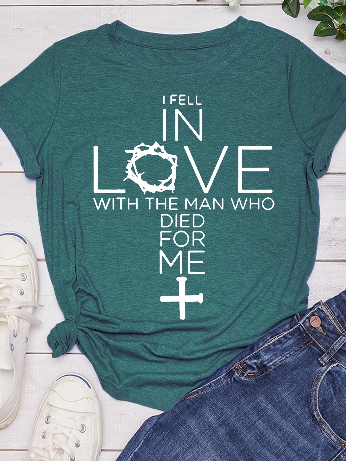 I Feel In Love With The Man Who Died For Me Women Christian Quotes Jesus Letter Crew Neck Short Sleeve T-Shirt