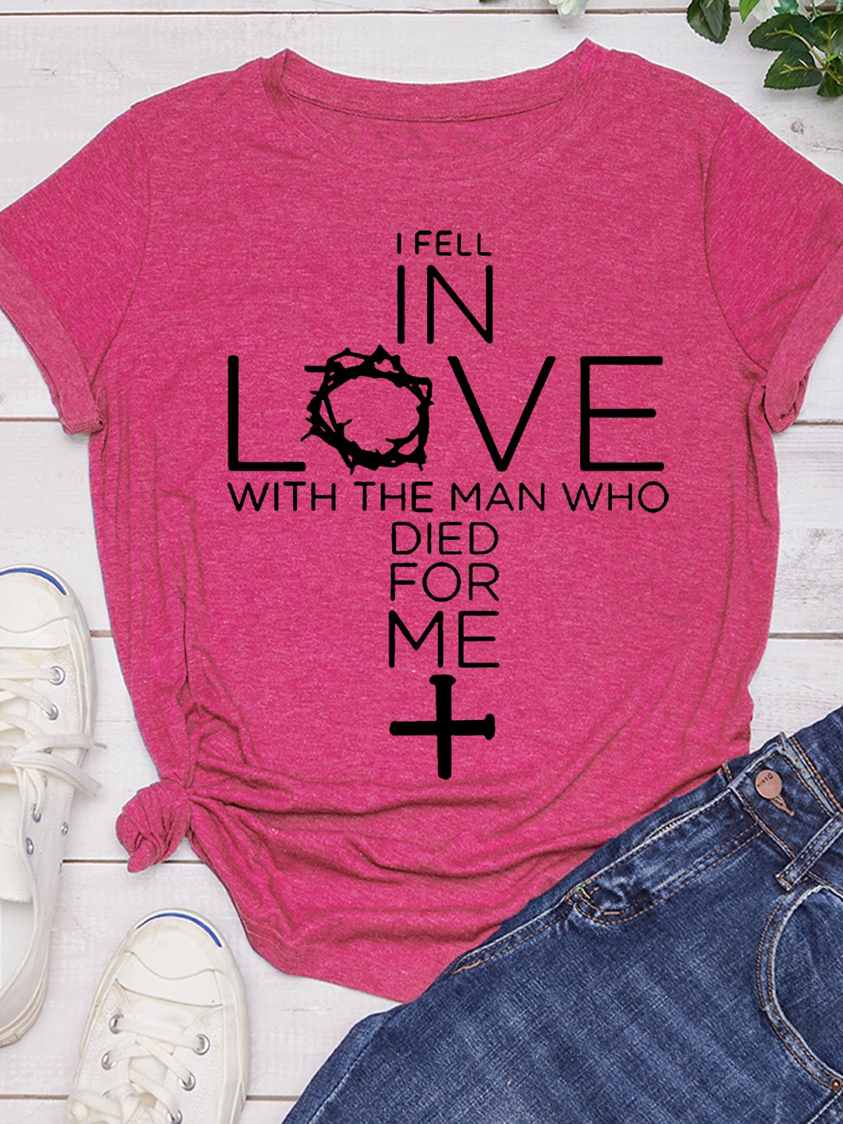 I Feel In Love With The Man Who Died For Me Women Christian Quotes Jesus Letter Crew Neck Short Sleeve T-Shirt