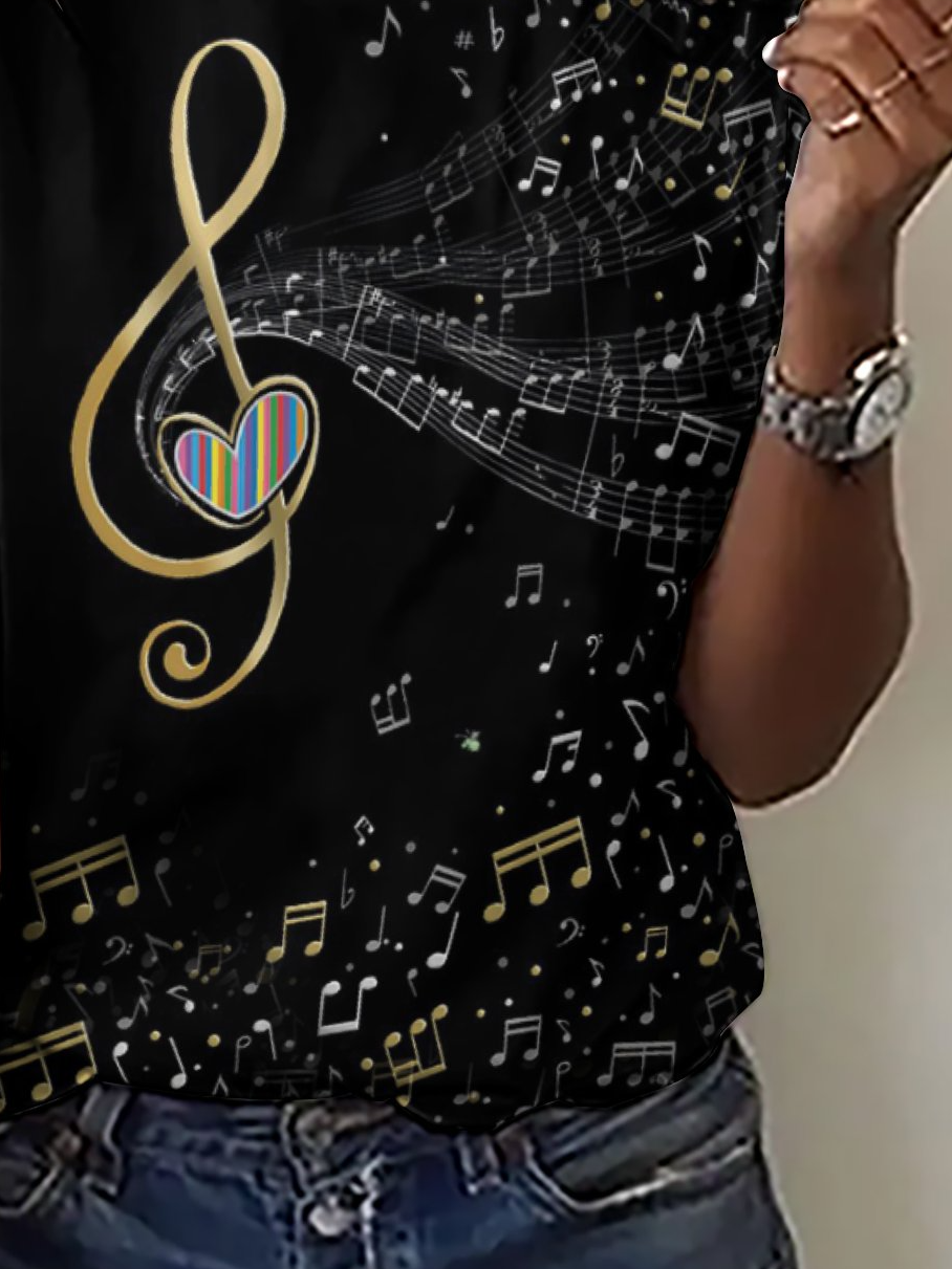 Casual Abstract Music Notes Print Crew Neck T-Shirt