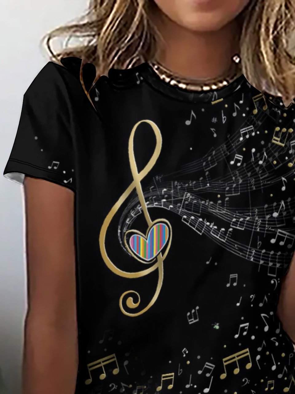 Casual Abstract Music Notes Print Crew Neck T-Shirt