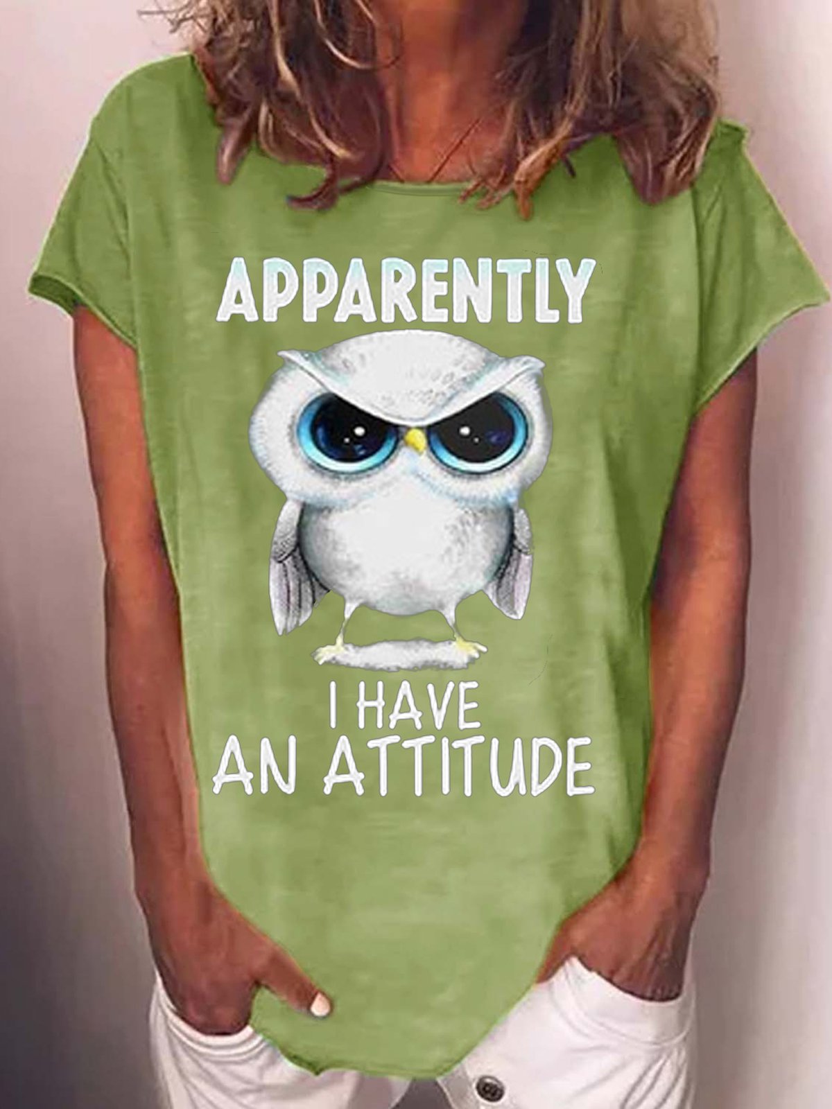 Womens Owl with An Attitude Letter Casual Short Sleeve T-Shirt