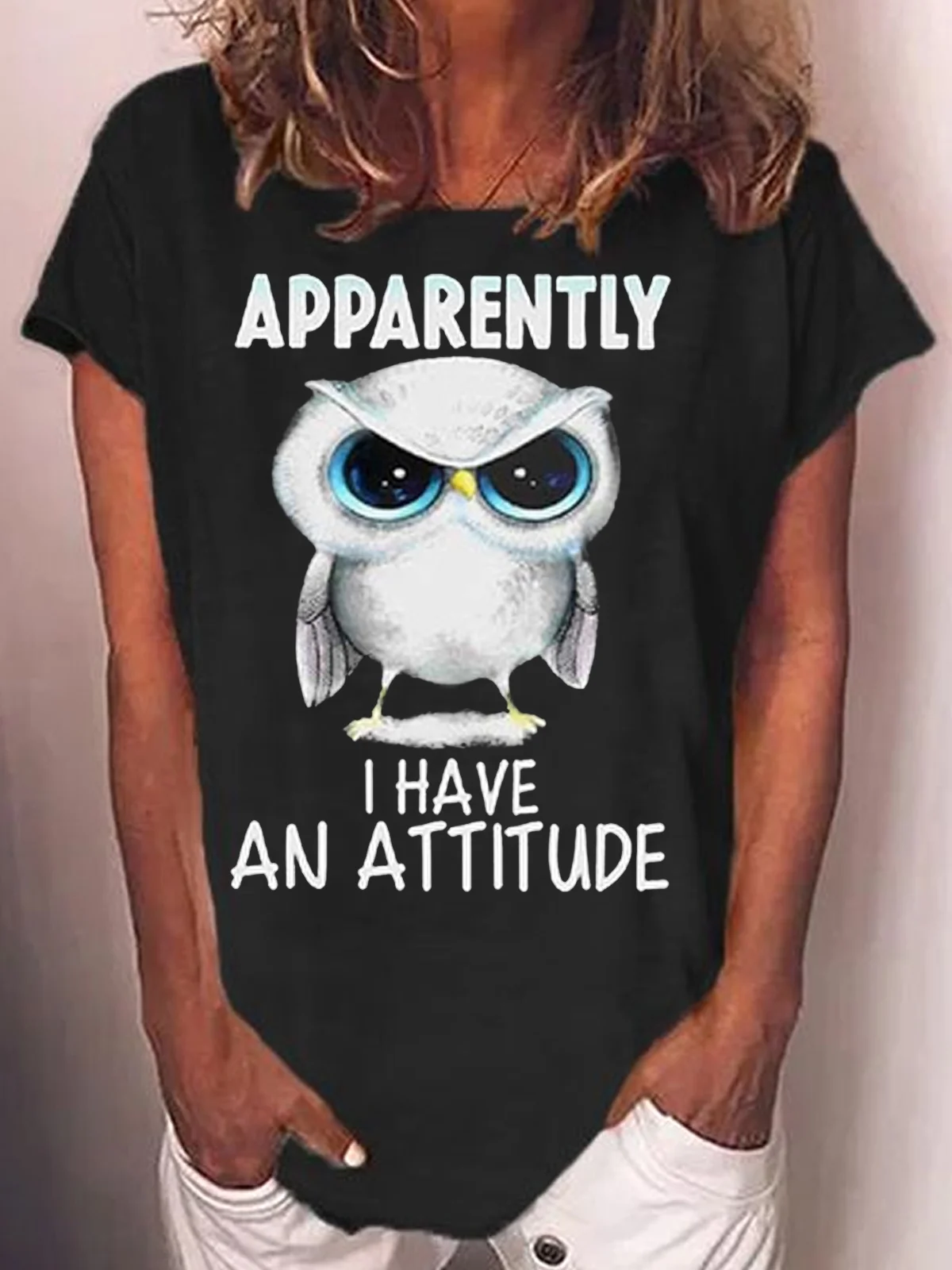 Womens Owl with An Attitude Letter Casual Short Sleeve T-Shirt