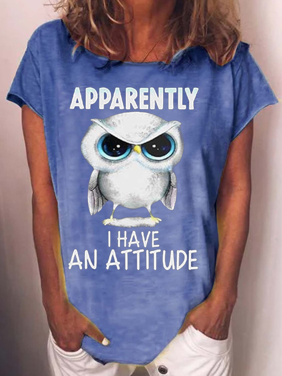 Womens Owl with An Attitude Letter Casual Short Sleeve T-Shirt