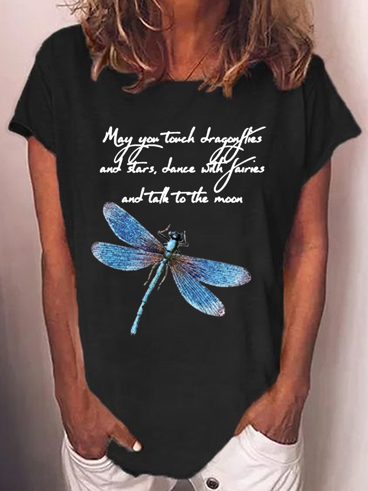 Womens Funny May You Touch Dragonflies Letter Printed Casual Short Sleeve T-Shirt