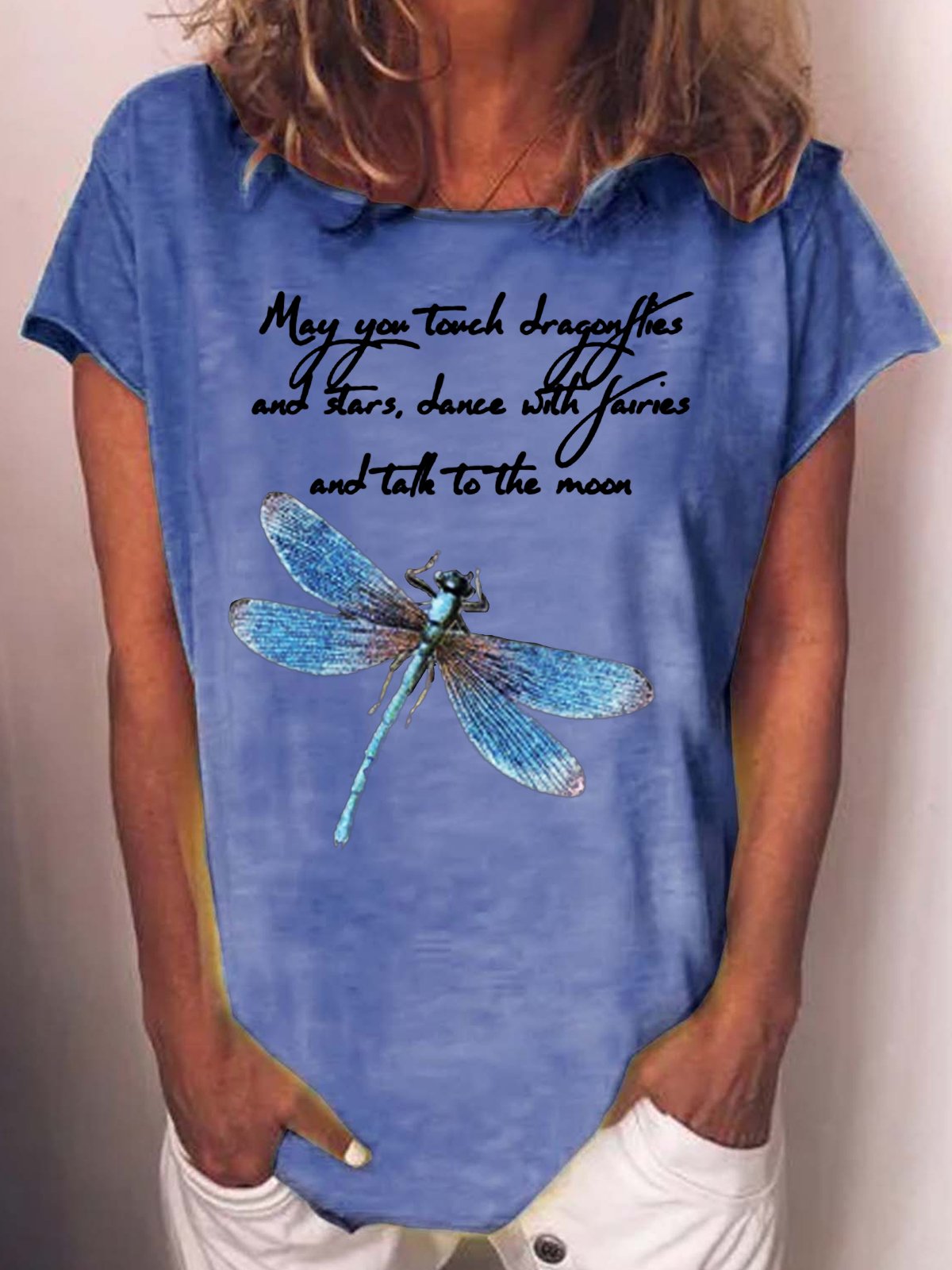 Womens Funny May You Touch Dragonflies Letter Printed Casual Short Sleeve T-Shirt