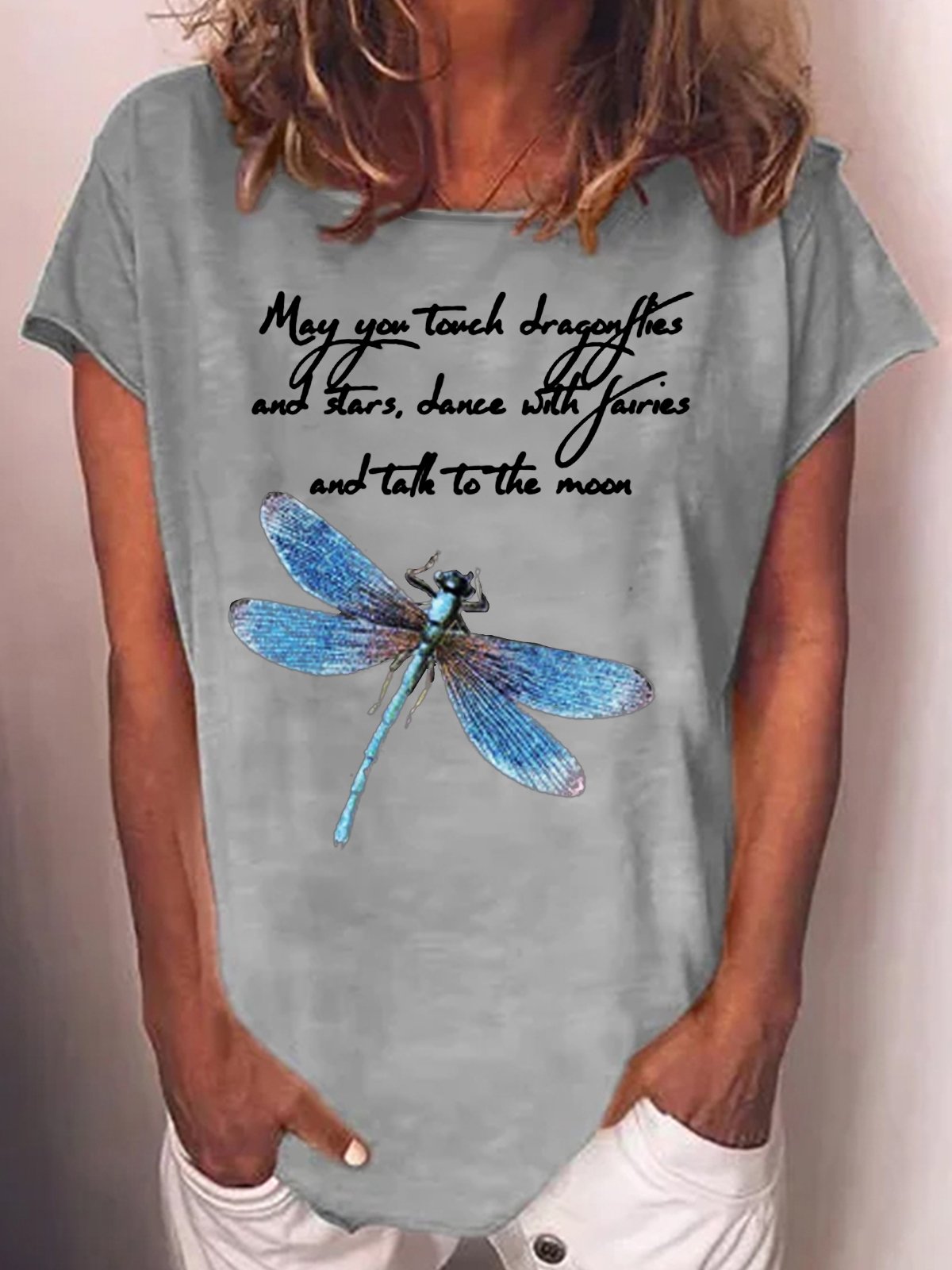 Womens Funny May You Touch Dragonflies Letter Printed Casual Short Sleeve T-Shirt