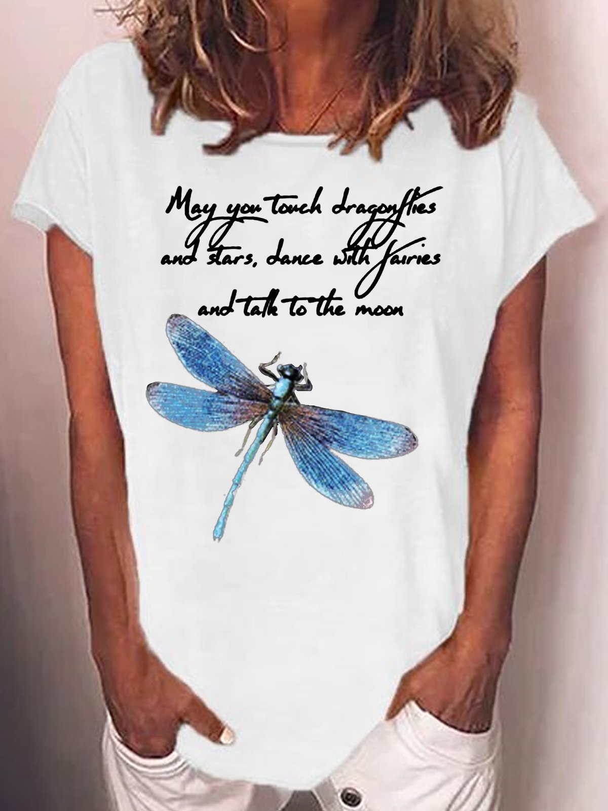 Womens Funny May You Touch Dragonflies Letter Printed Casual Short Sleeve T-Shirt