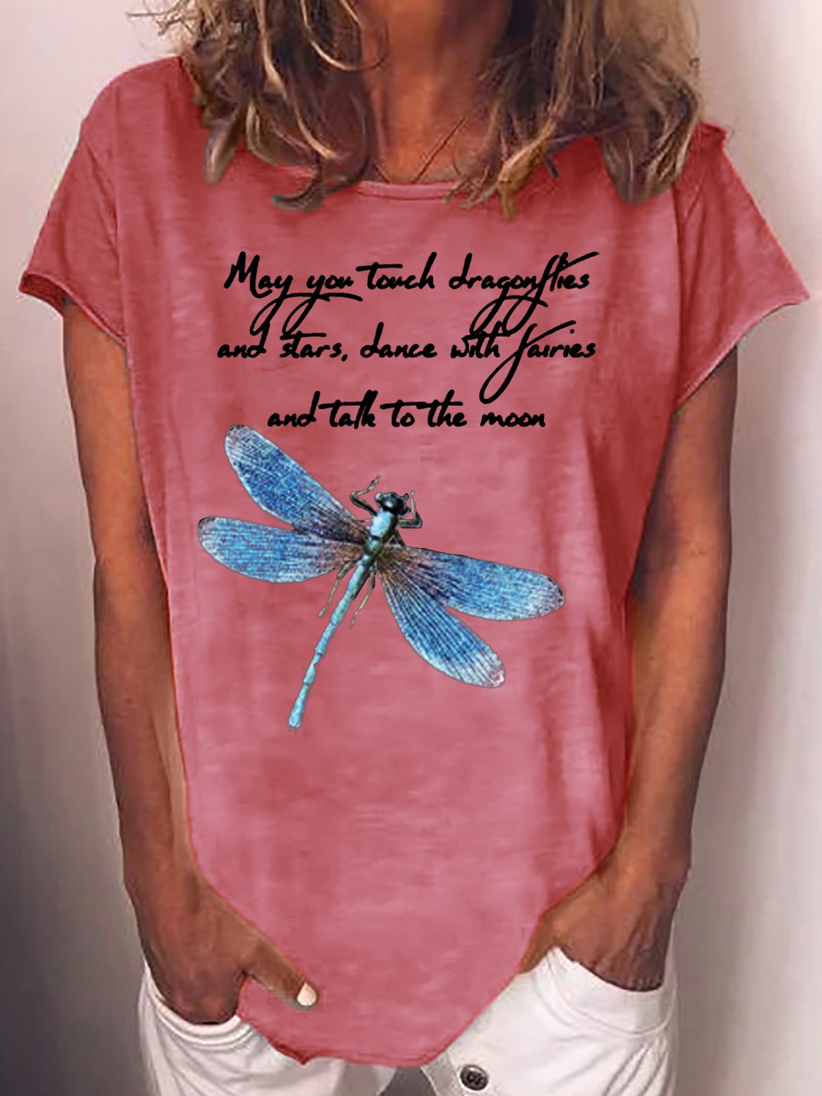 Womens Funny May You Touch Dragonflies Letter Printed Casual Short Sleeve T-Shirt