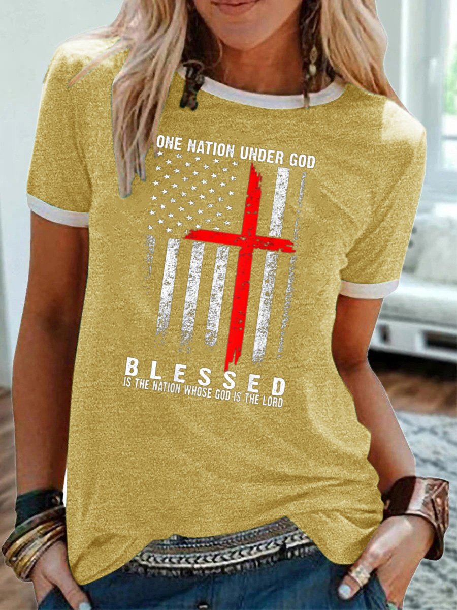 One Nation Under God, Blessed Is The Nation Whose God Is The Lord, Regular Fit Casual Crew Neck T-Shirt