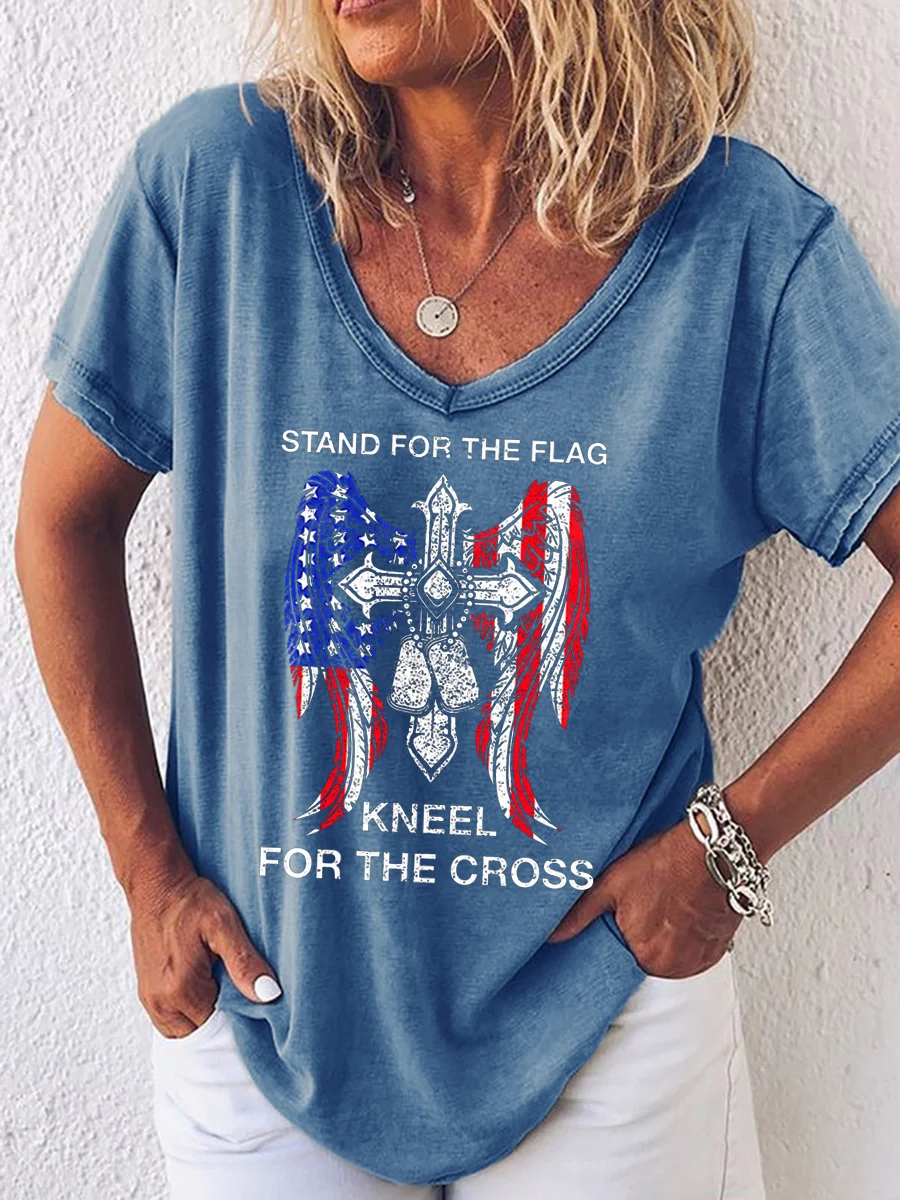 Stand For The Flag, Kneel For The Cross, Casual Loosen T-Shirt