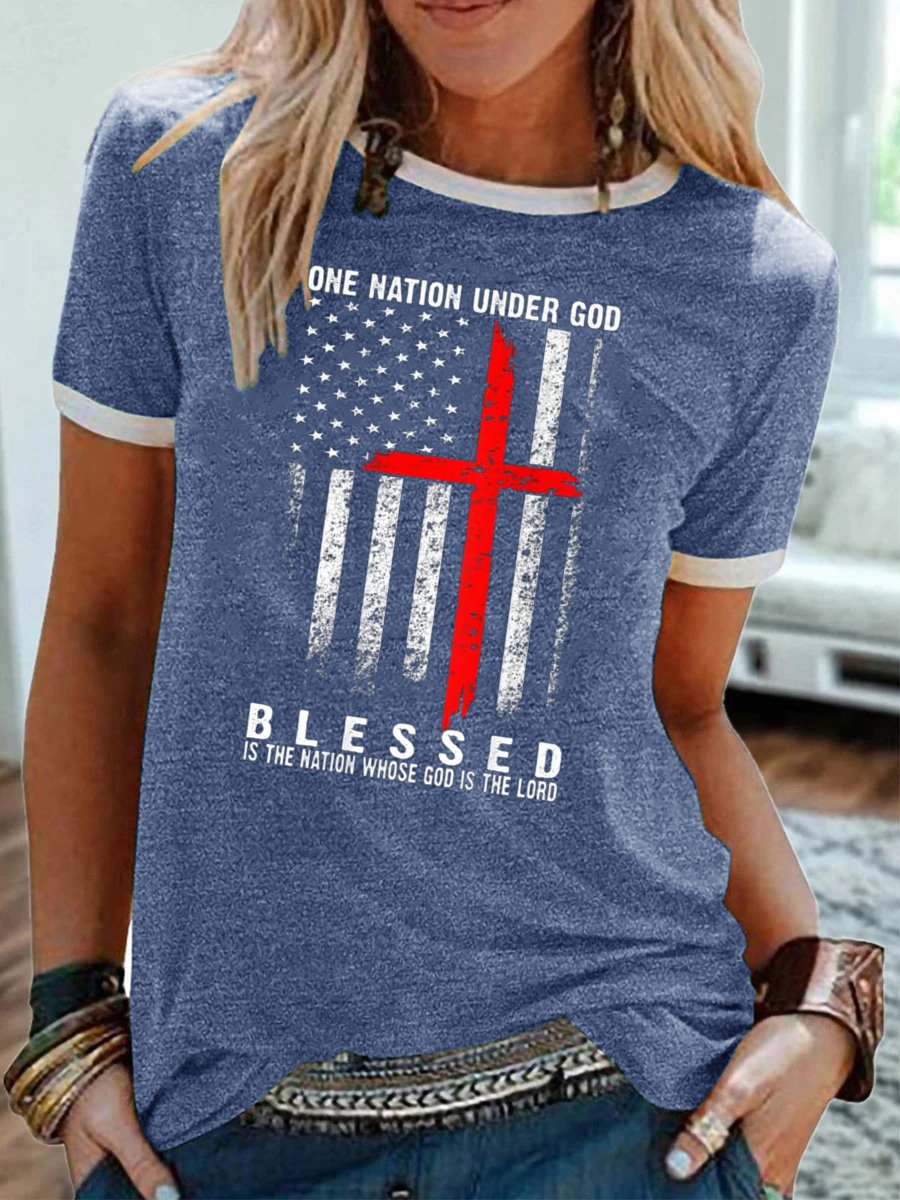 One Nation Under God, Blessed Is The Nation Whose God Is The Lord, Regular Fit Casual Crew Neck T-Shirt