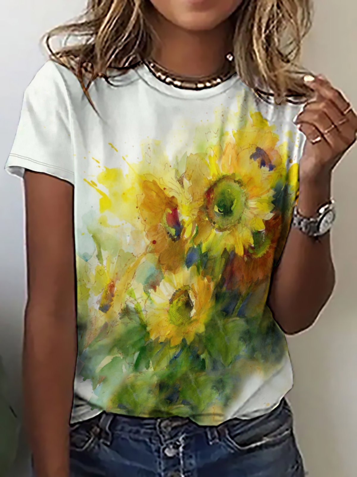 Casual Simple Sunflower Print Crew Neck T-Shirt