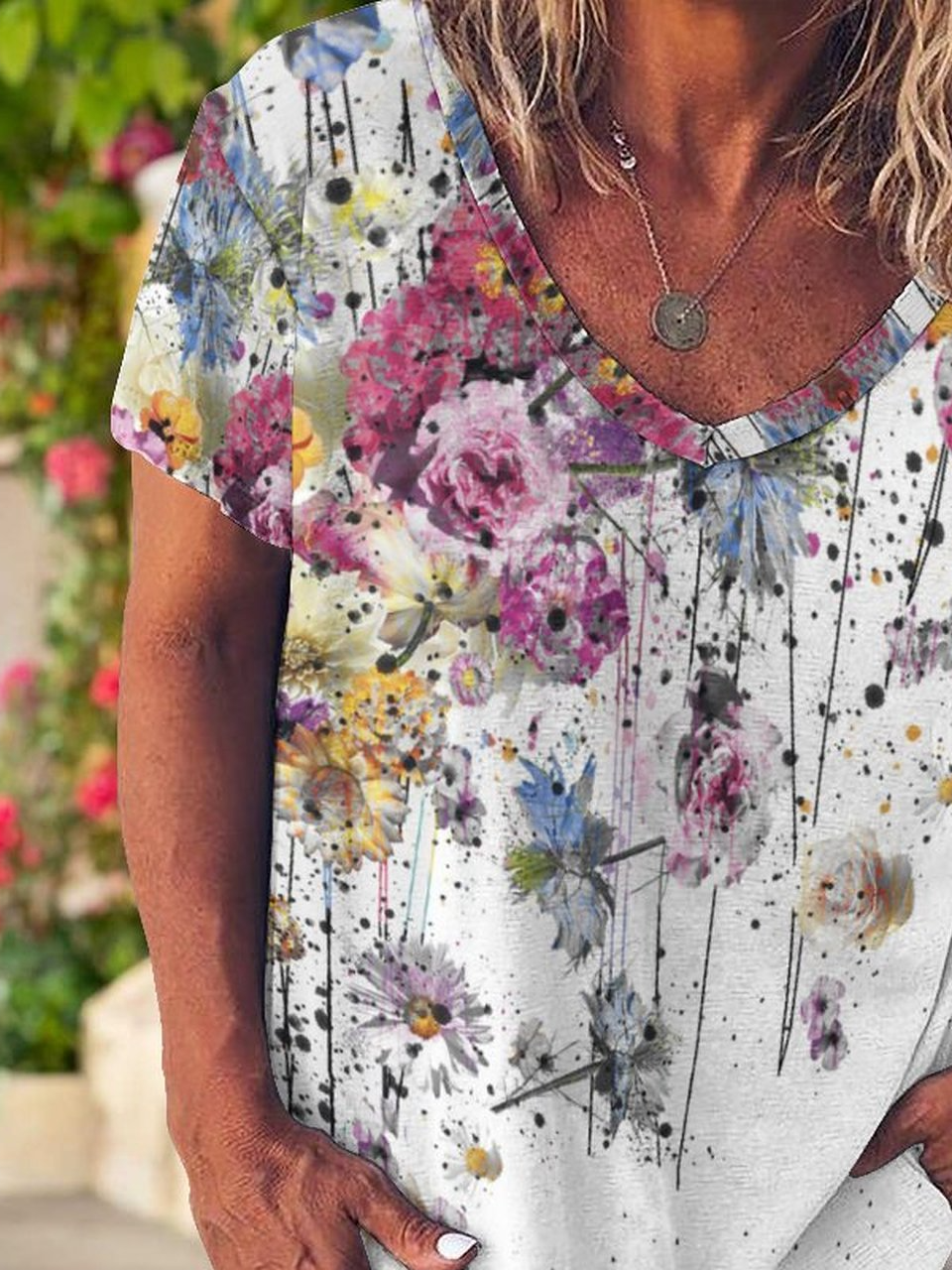 Casual Abstract Floral Print V-Neck T-Shirt