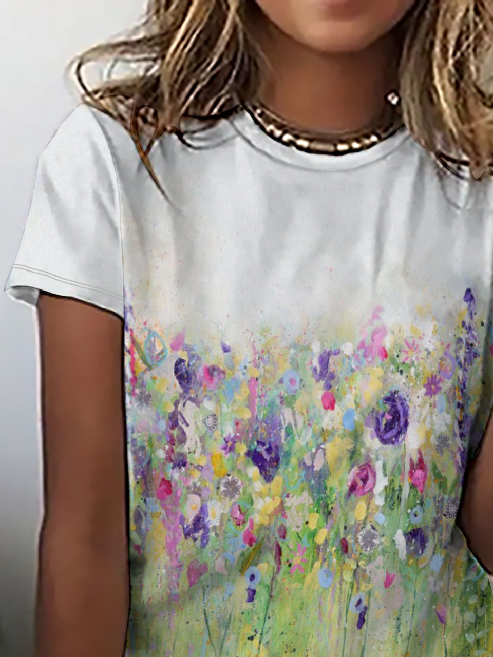 Casual Simple Floral Print Crew Neck T-Shirt