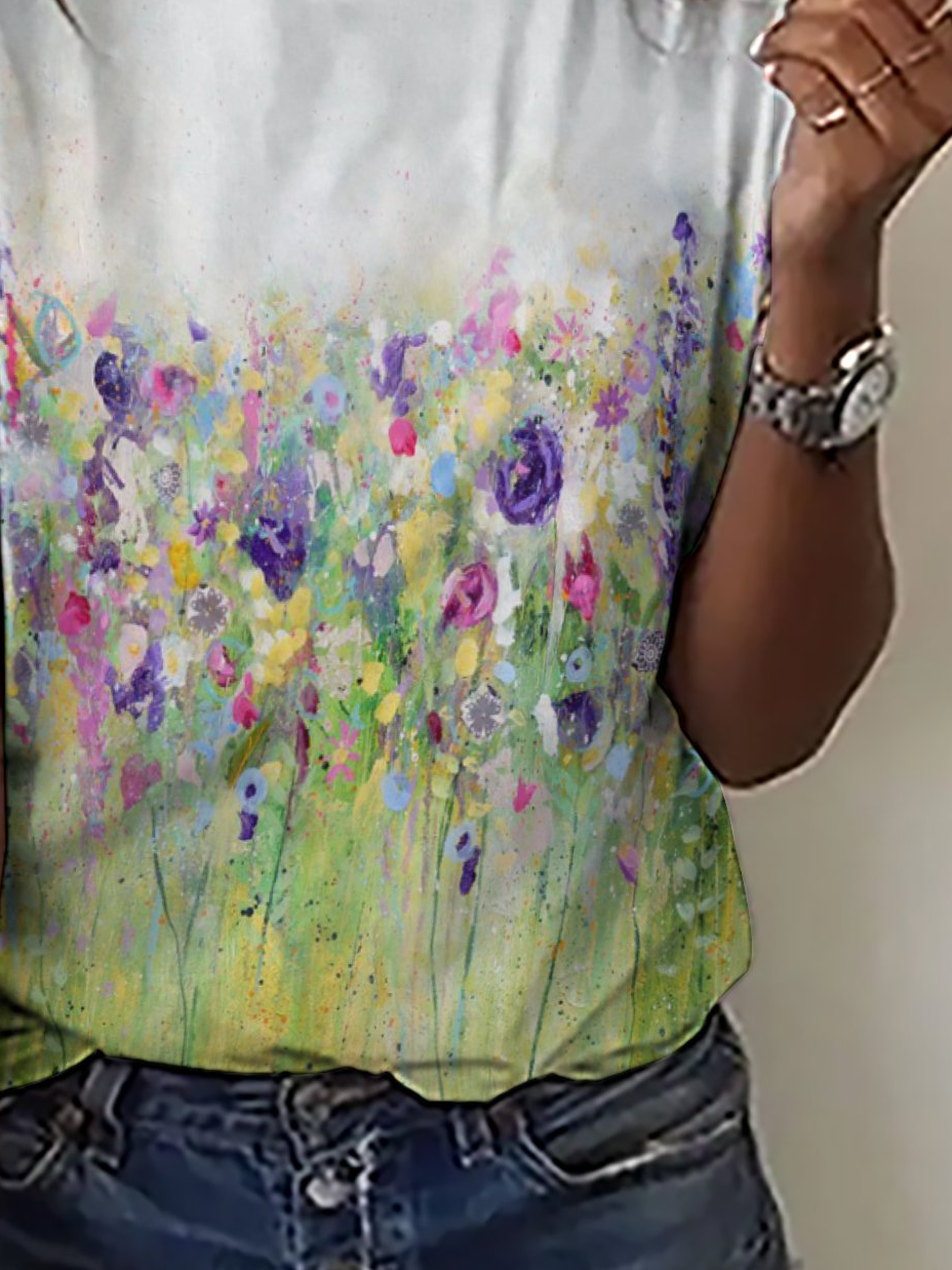 Casual Simple Floral Print Crew Neck T-Shirt