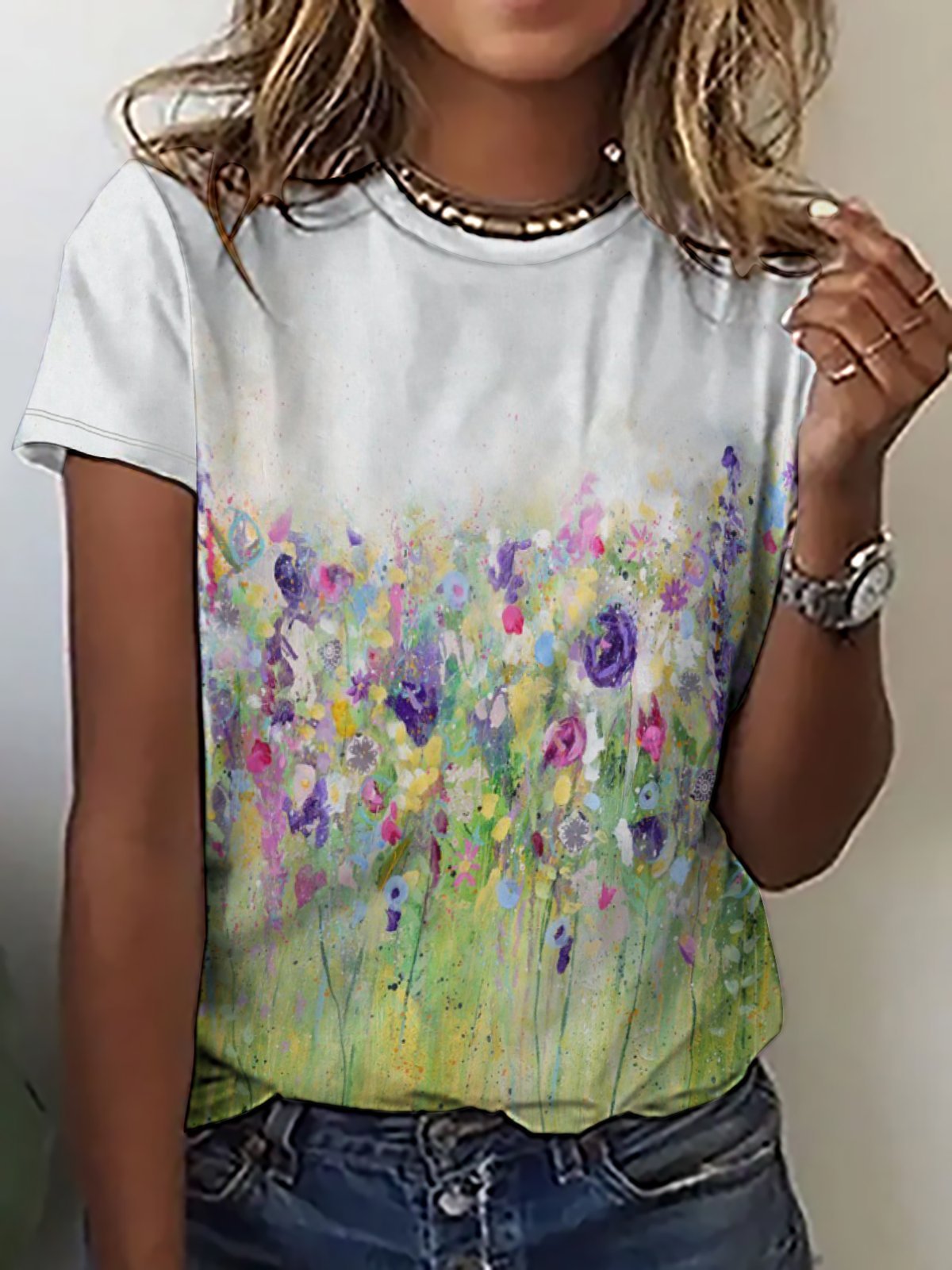 Casual Simple Floral Print Crew Neck T-Shirt