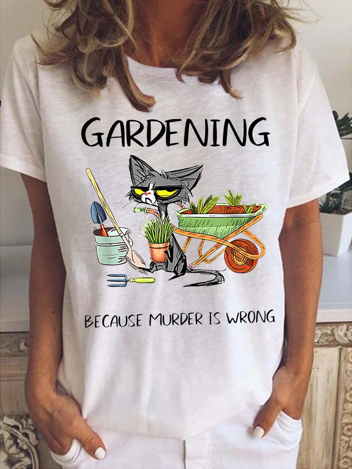 Cat Gardening Because Murder Is Wrong Cotton Blends Crew Neck T-Shirt