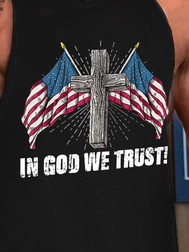 In God We Trust America Flag Men's Loose Crew Neck Tank Top