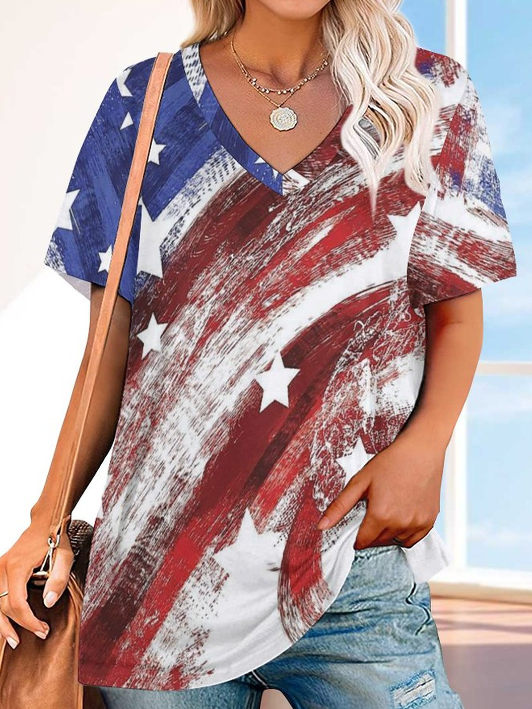 Women American Flag V Neck Sweet T-Shirt