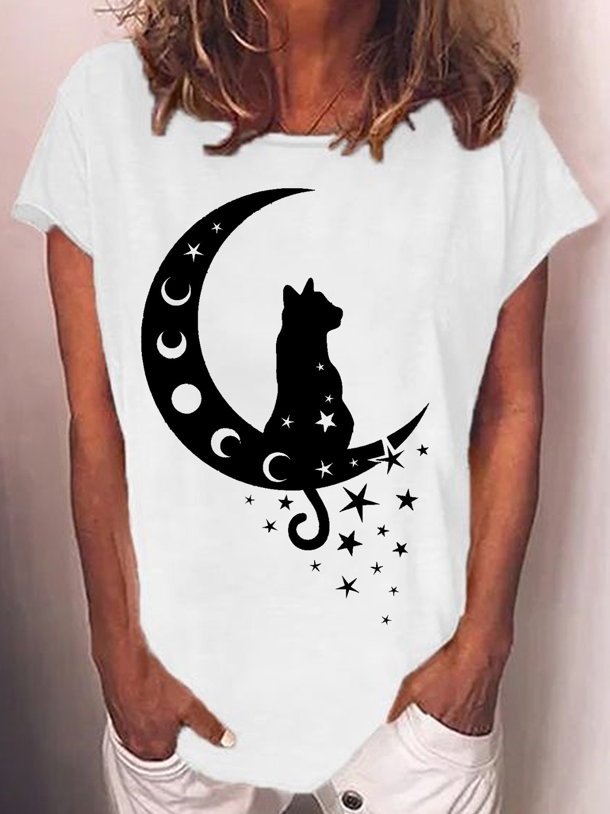 Womens Cat and Moon Casual Crew Neck T-Shirt