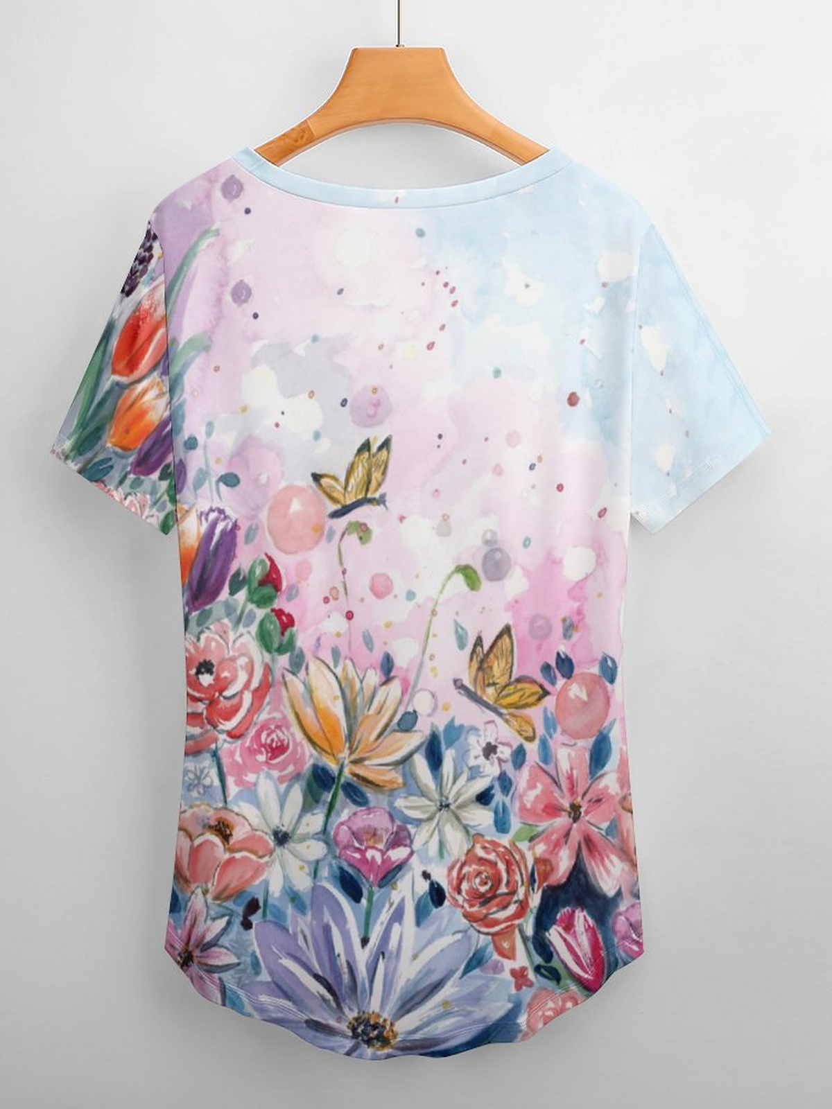 Casual Simple Floral Butterfly Print V-Neck T-Shirt