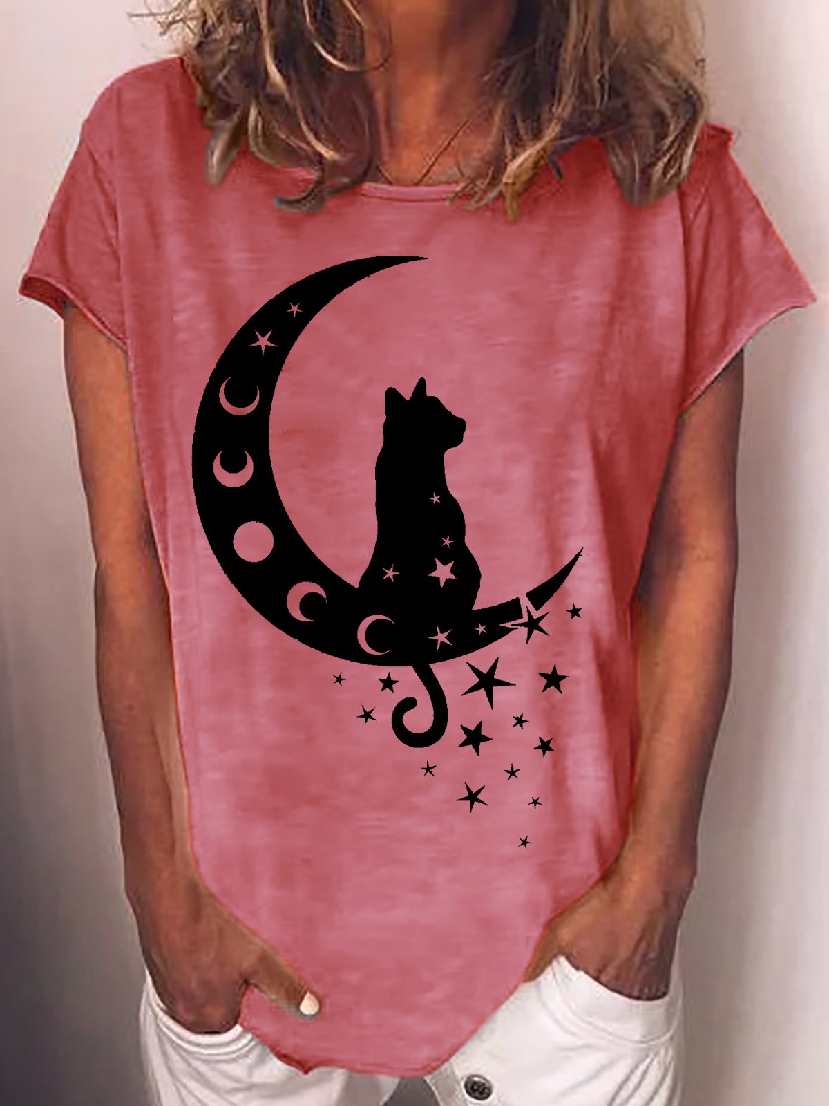 Womens Cat and Moon Casual Crew Neck T-Shirt