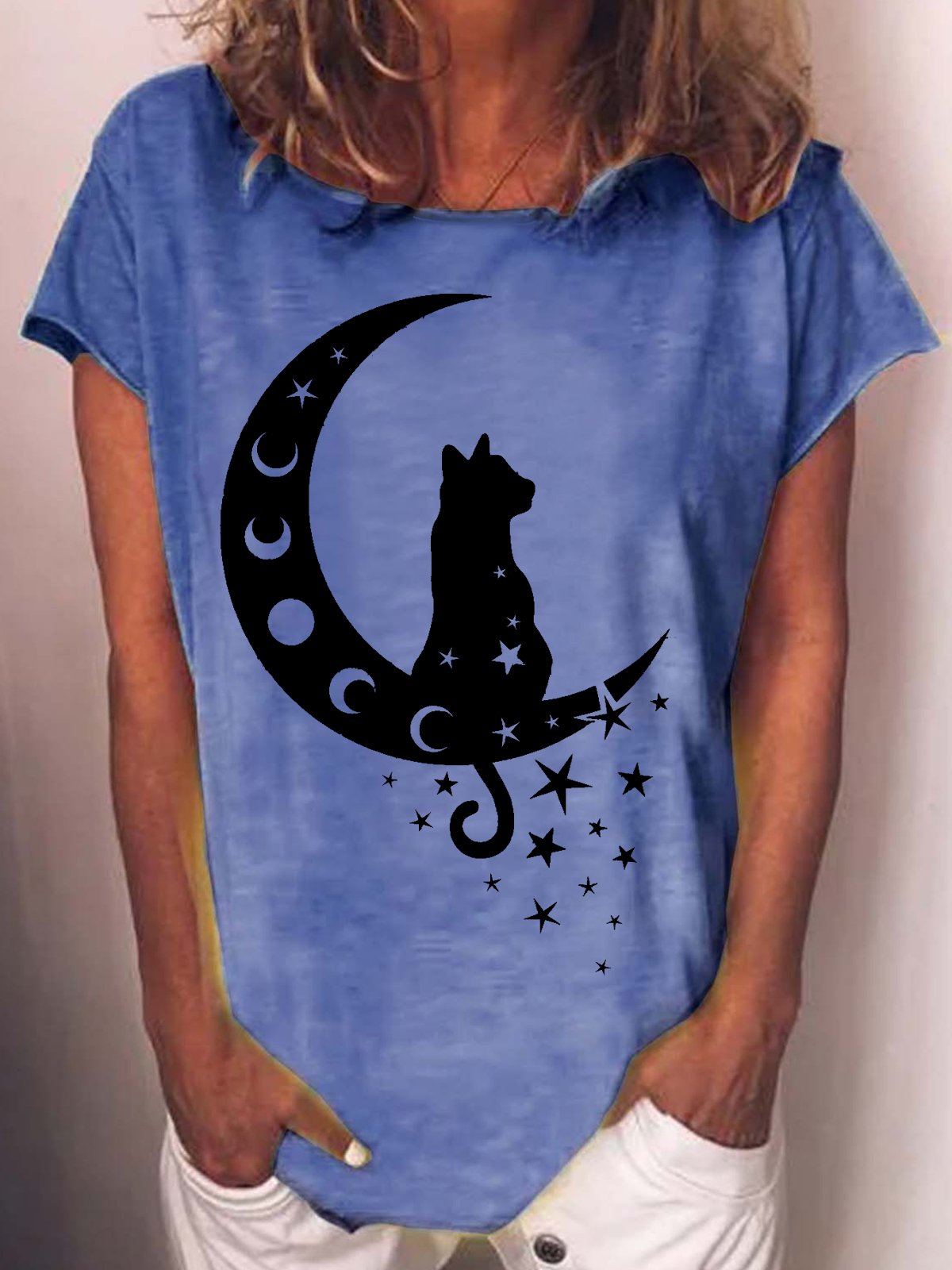 Womens Cat and Moon Casual Crew Neck T-Shirt