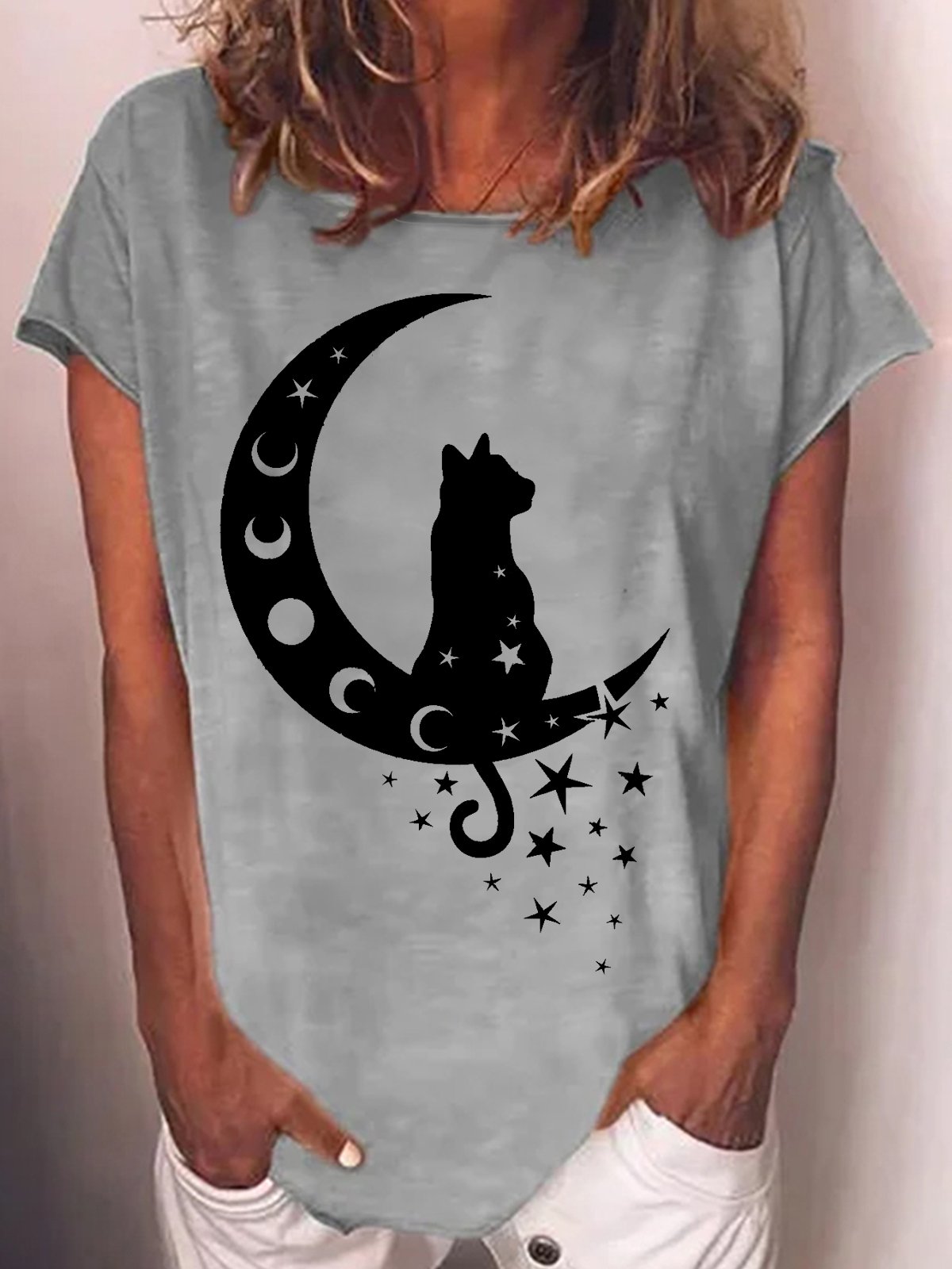 Womens Cat and Moon Casual Crew Neck T-Shirt