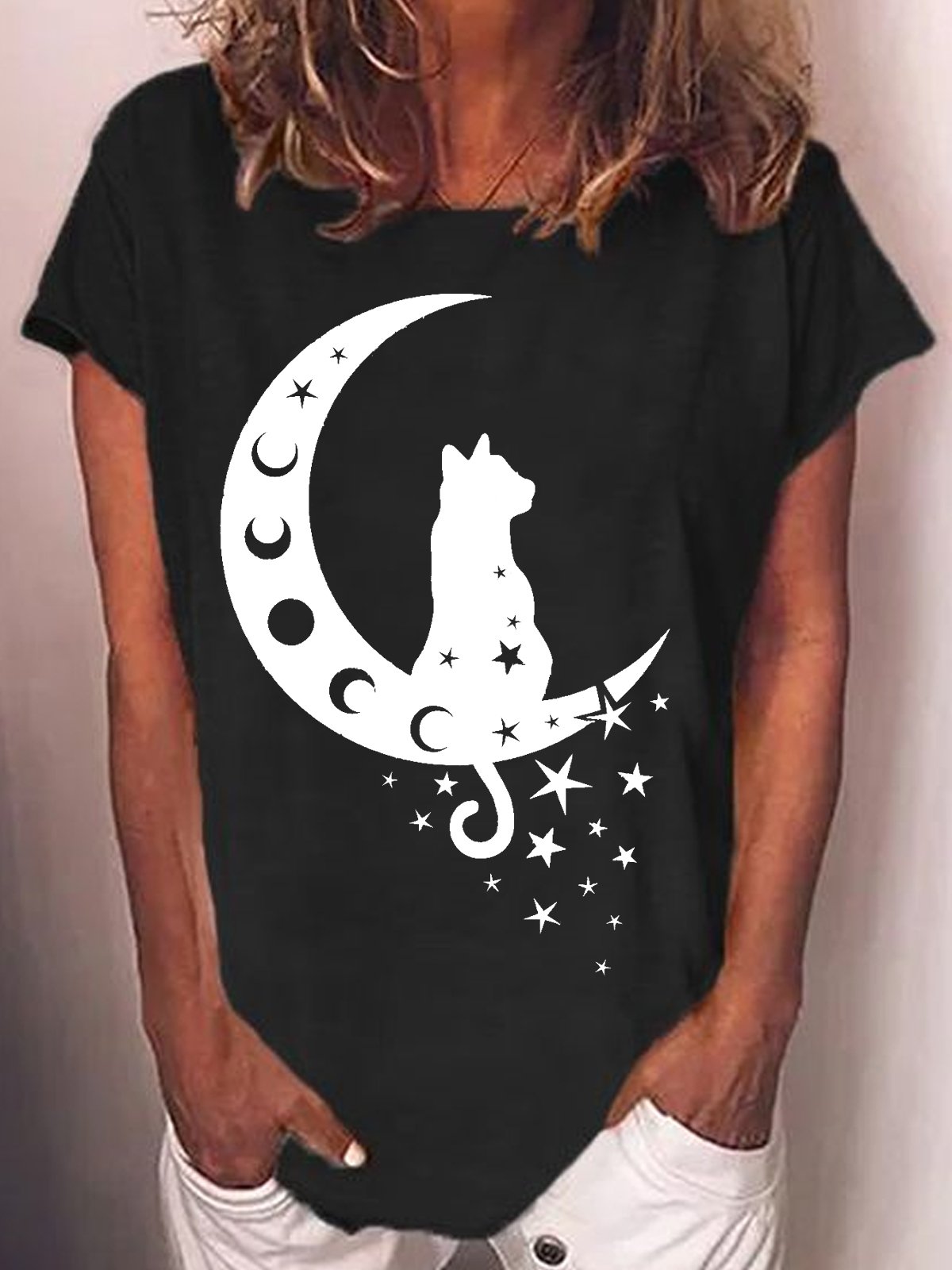 Womens Cat and Moon Casual Crew Neck T-Shirt