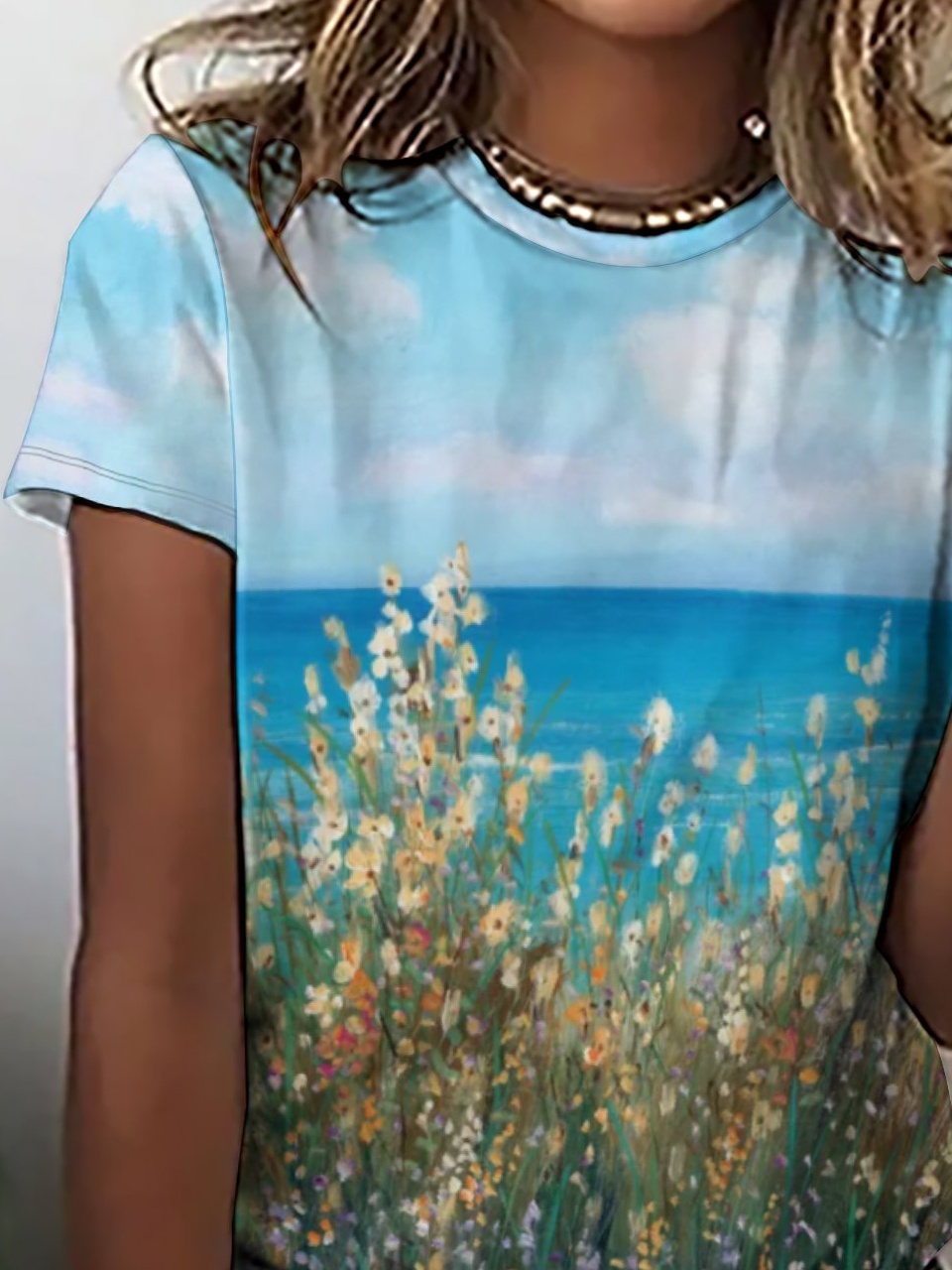 Women's Casual Abstract Landscape Print Crew Neck T-Shirt