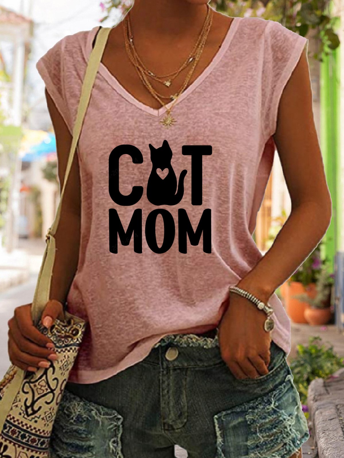 Cat Mom Print V-neck Tank Top