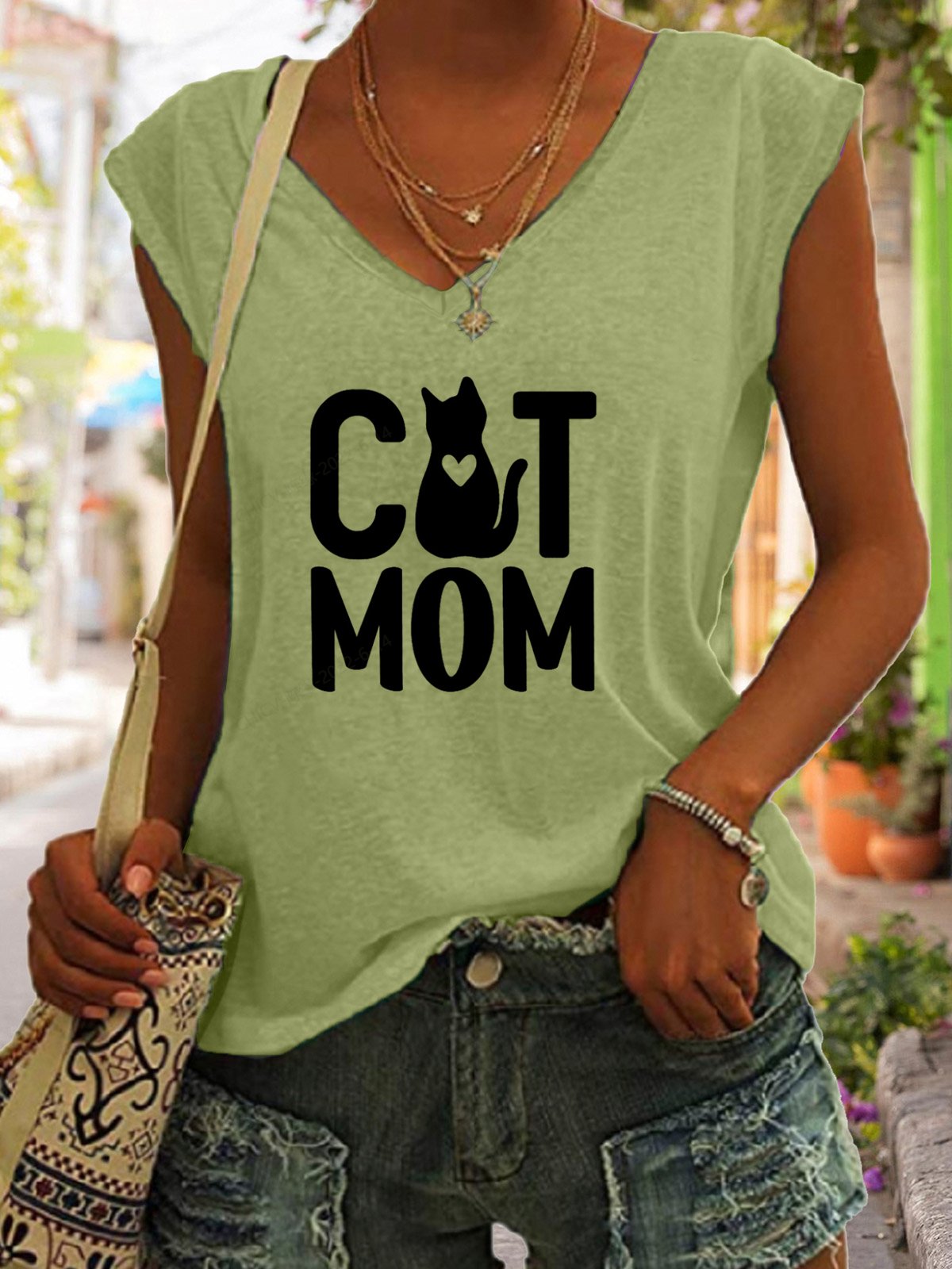 Cat Mom Print V-neck Tank Top