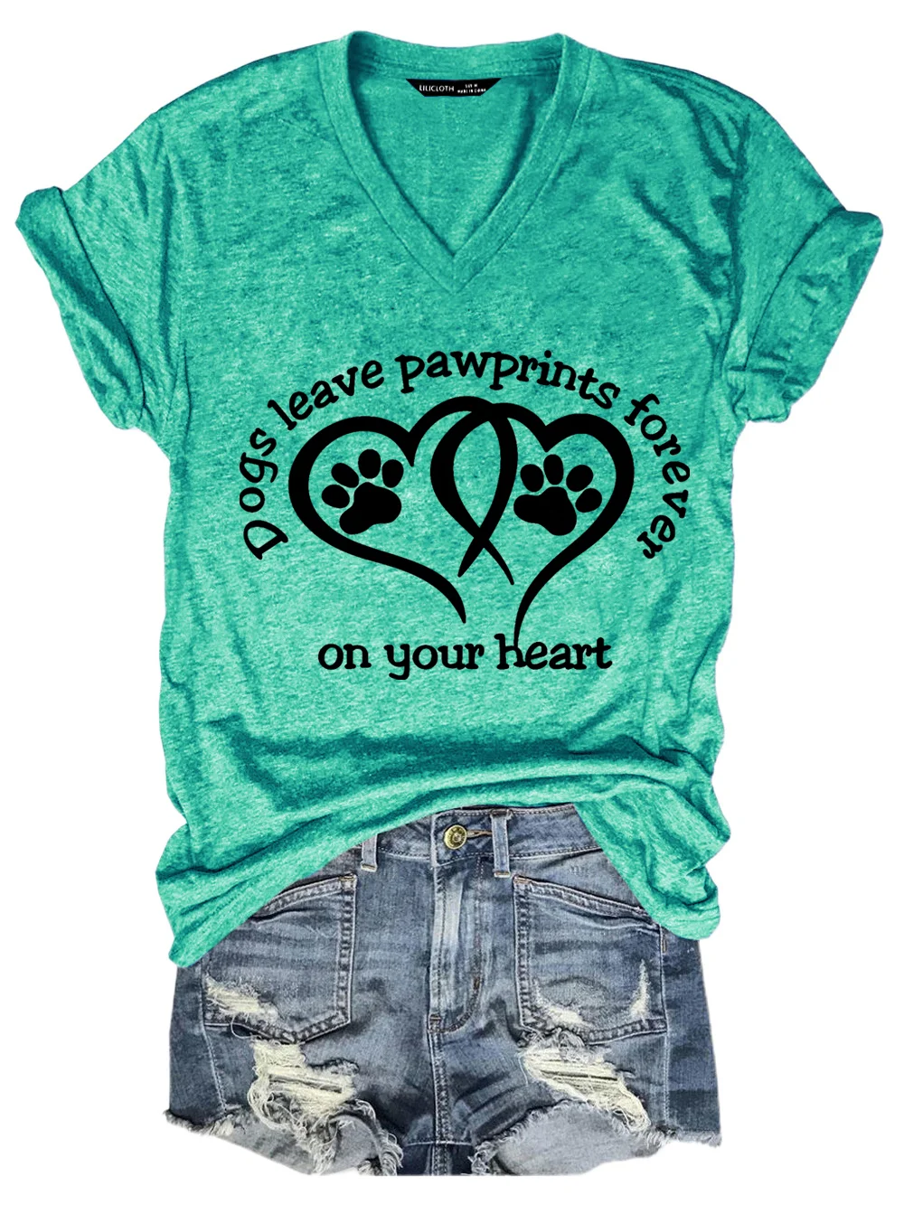 Women Funny Dogs Leave Paw prints Forever On Your Heart Simple V Neck Cotton-Blend T-Shirt