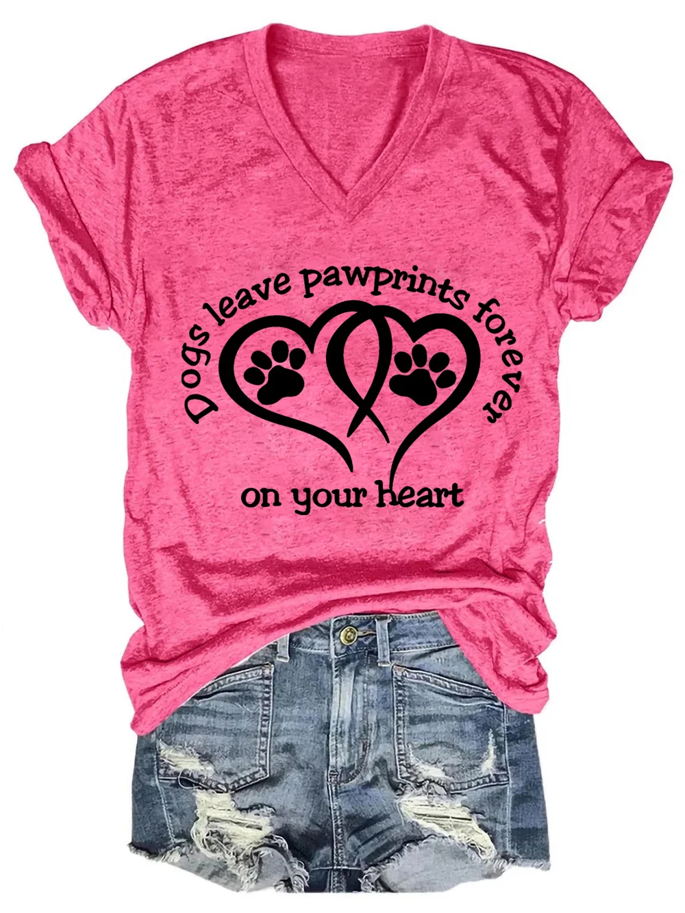 Women Funny Dogs Leave Paw prints Forever On Your Heart Simple V Neck Cotton-Blend T-Shirt