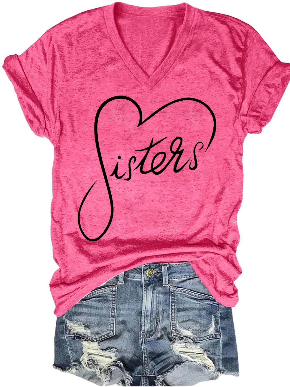 Womens Sisters Heart Casual V Neck T-Shirt