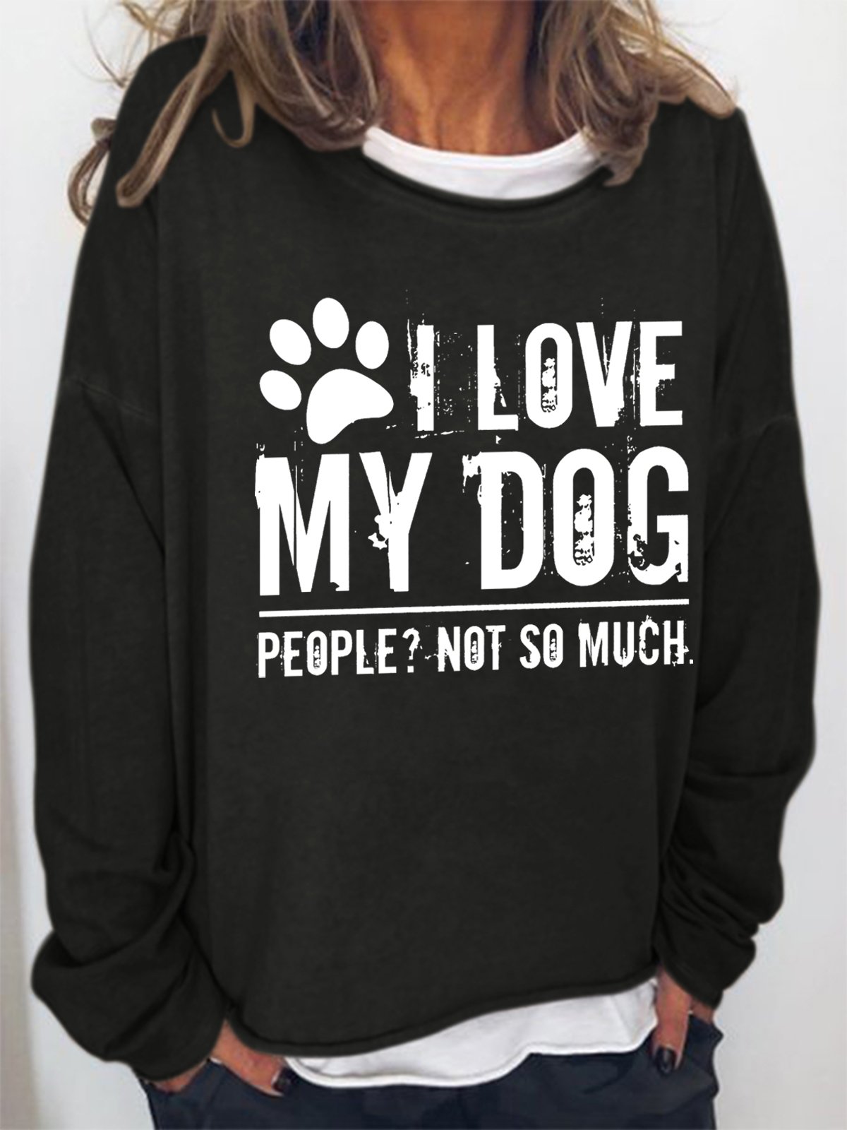 Women Funny I Love My Dog Animal Loose Crew Neck Sweatshirt