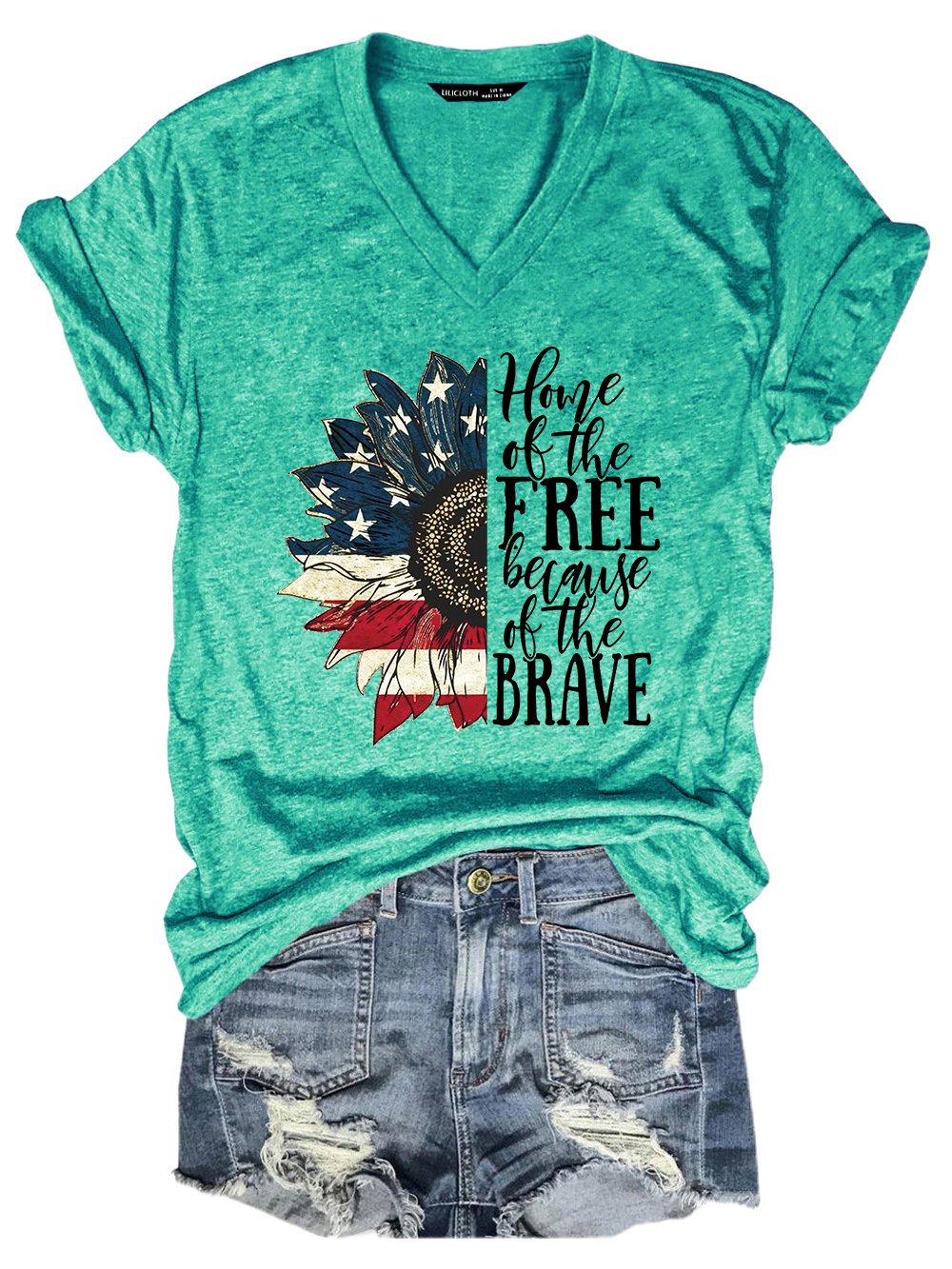 Women American Flag Sunflower Home Of The Free Because Of The Brave Simple T-Shirt