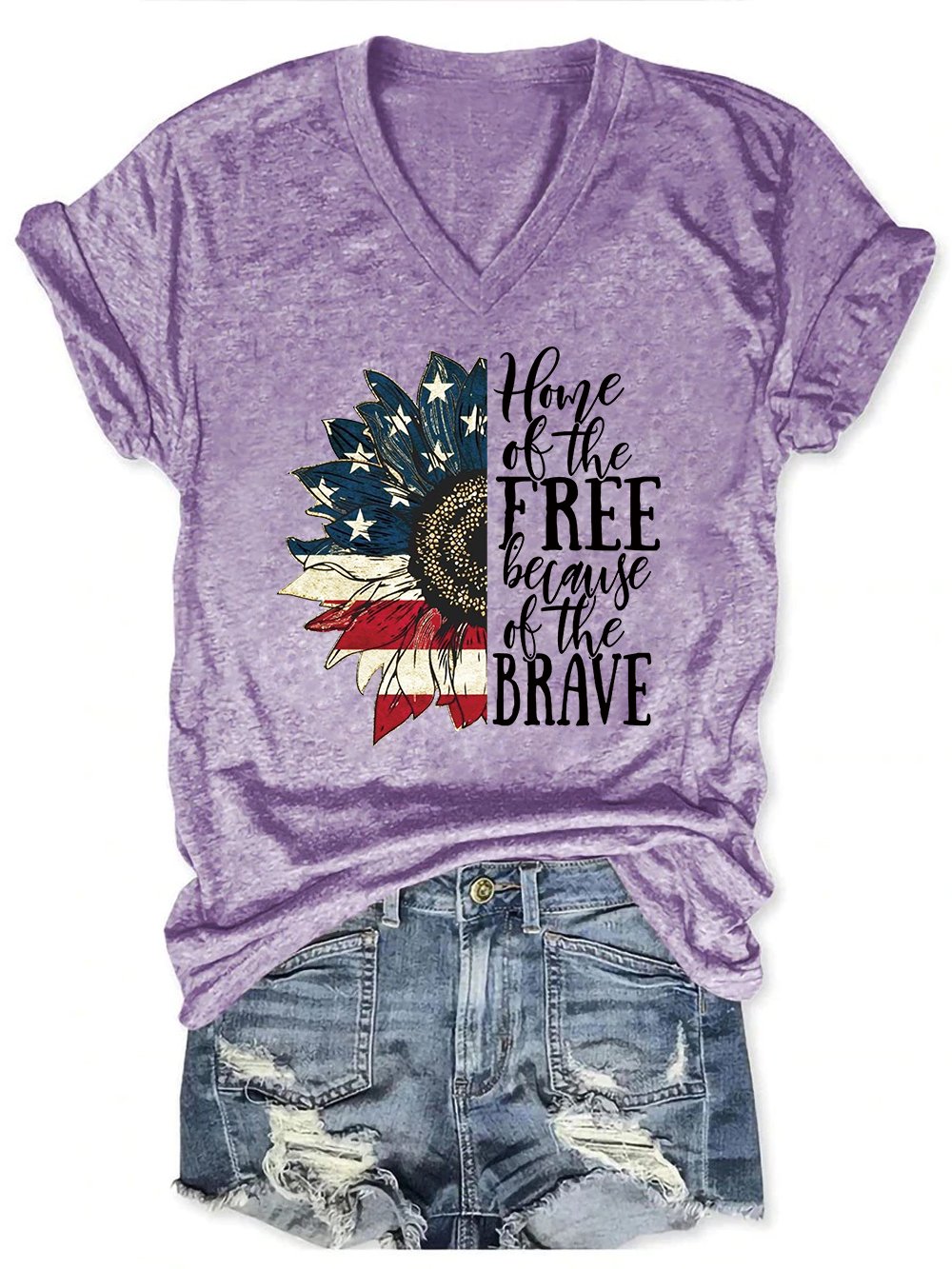 Women American Flag Sunflower Home Of The Free Because Of The Brave Simple T-Shirt