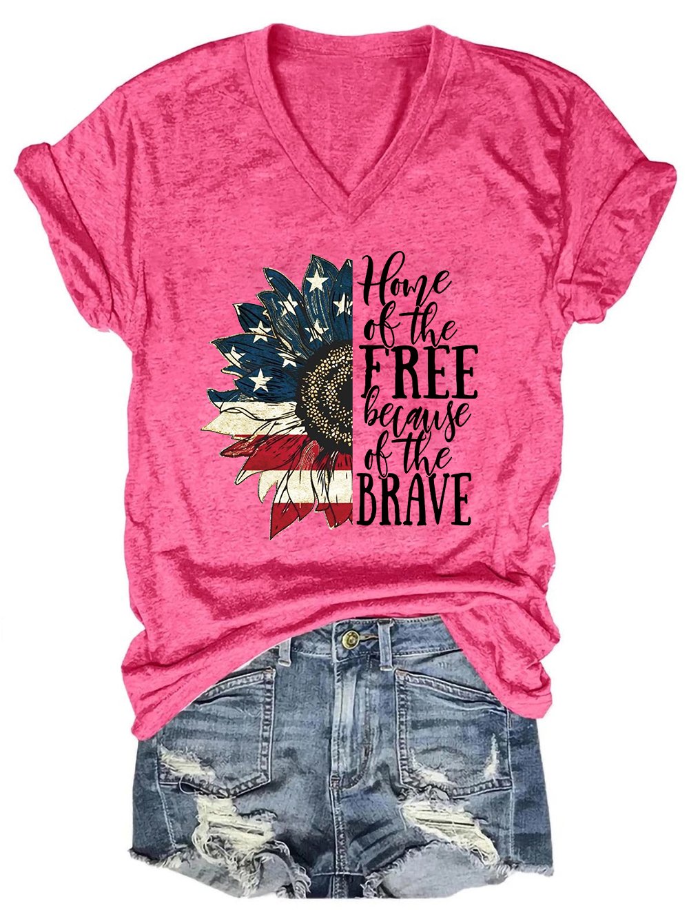 Women American Flag Sunflower Home Of The Free Because Of The Brave Simple T-Shirt