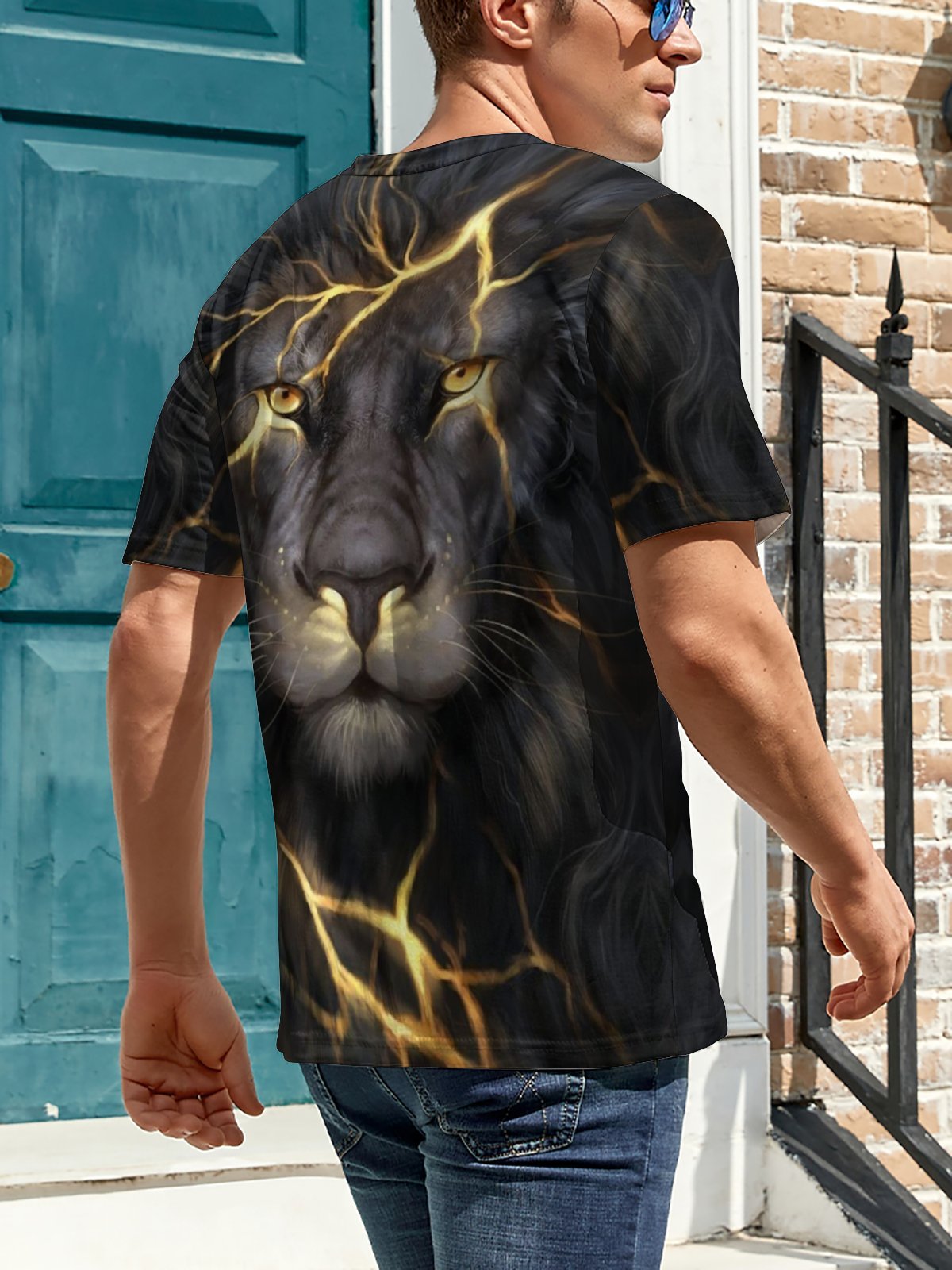 Men Abstract Art Lions Loose Casual Crew Neck T-Shirt