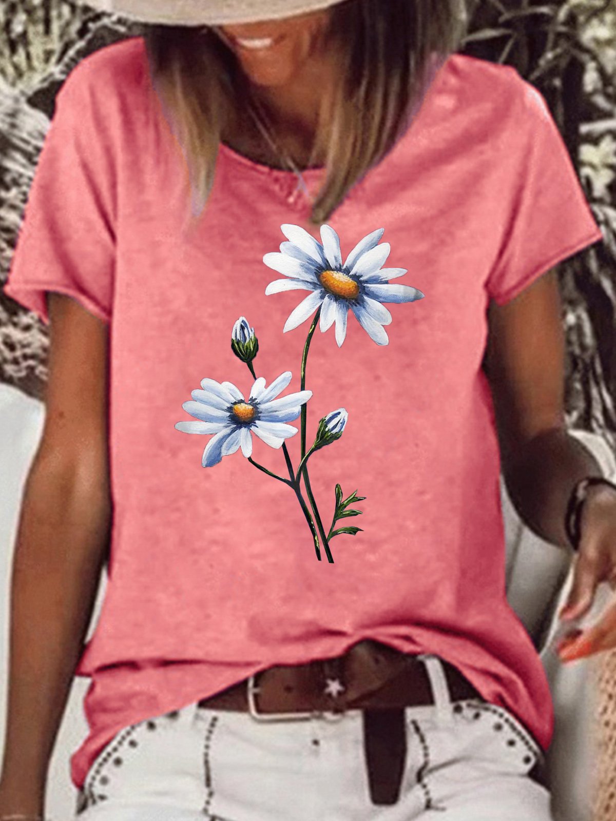 Womens Flower Print Casual T-Shirt