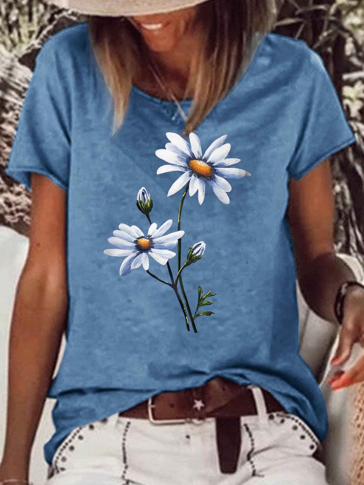 Womens Flower Print Casual T-Shirt