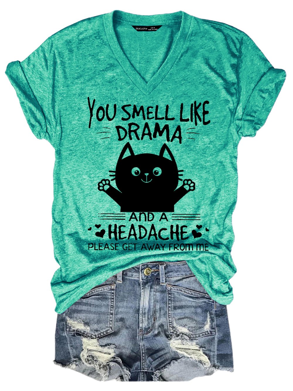 Women Funny Cat You Smell Like Drama And A Headache Please Get Away From Me V Neck Loose T-Shirt