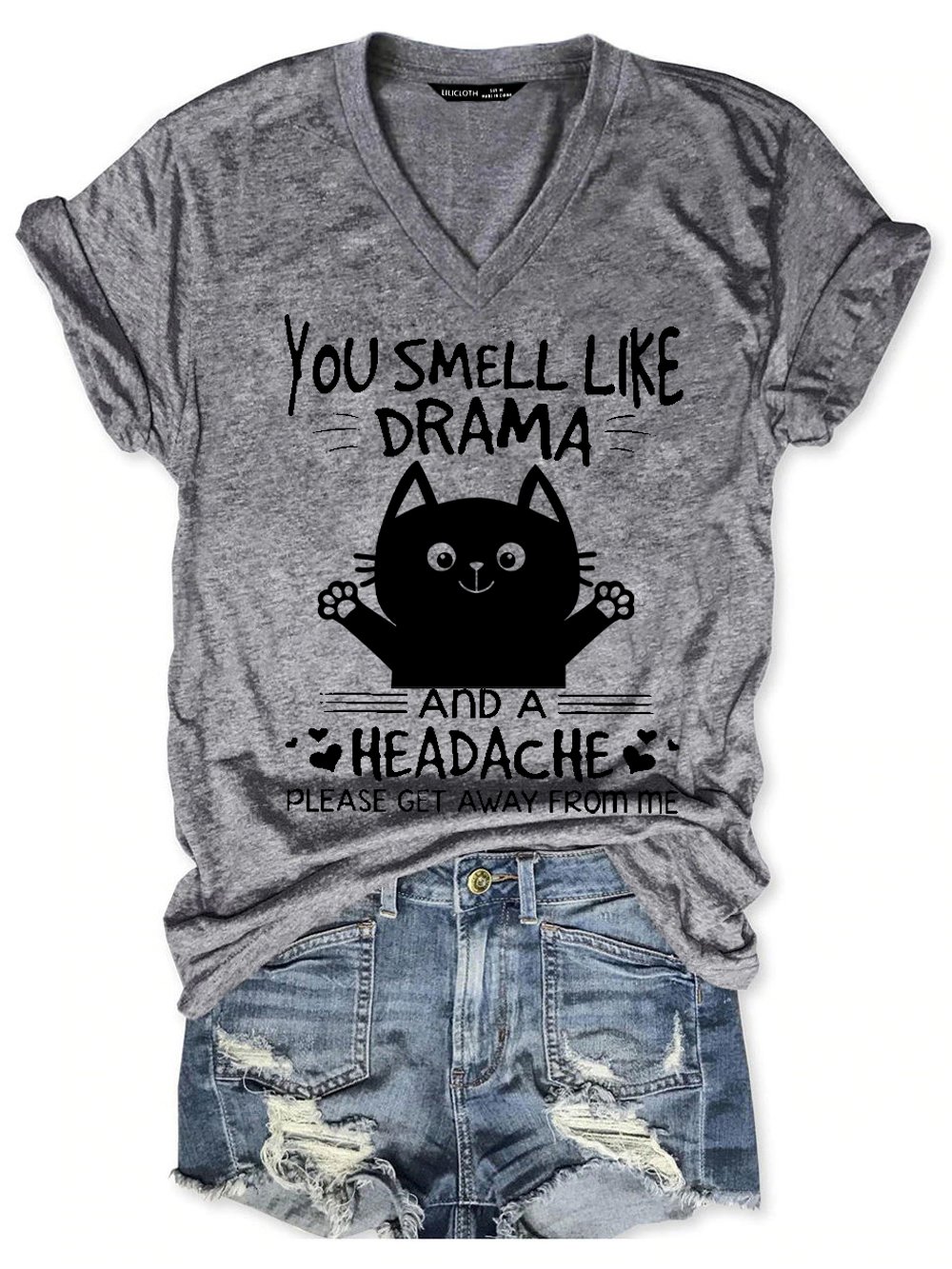 Women Funny Cat You Smell Like Drama And A Headache Please Get Away From Me V Neck Loose T-Shirt