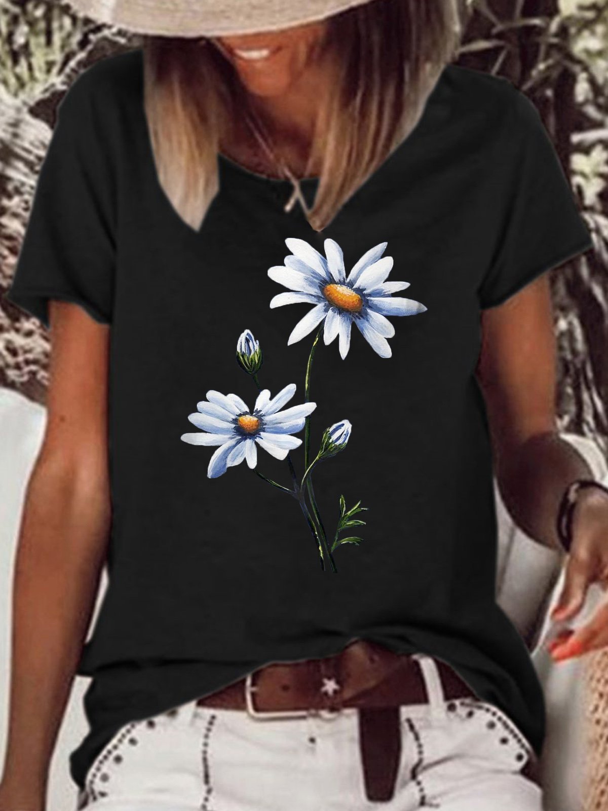 Womens Flower Print Casual T-Shirt