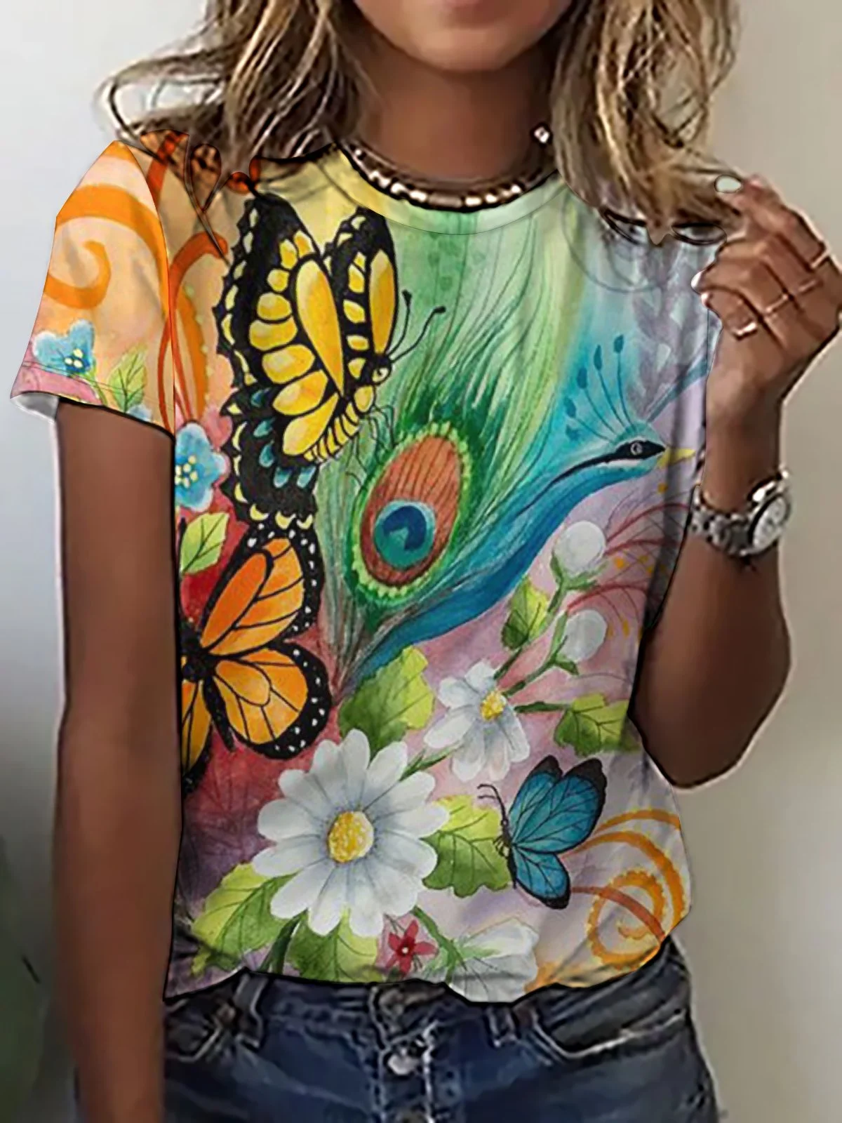 Women Peacock Butterfly Floral Print Simple Crew Neck Animal T-Shirt