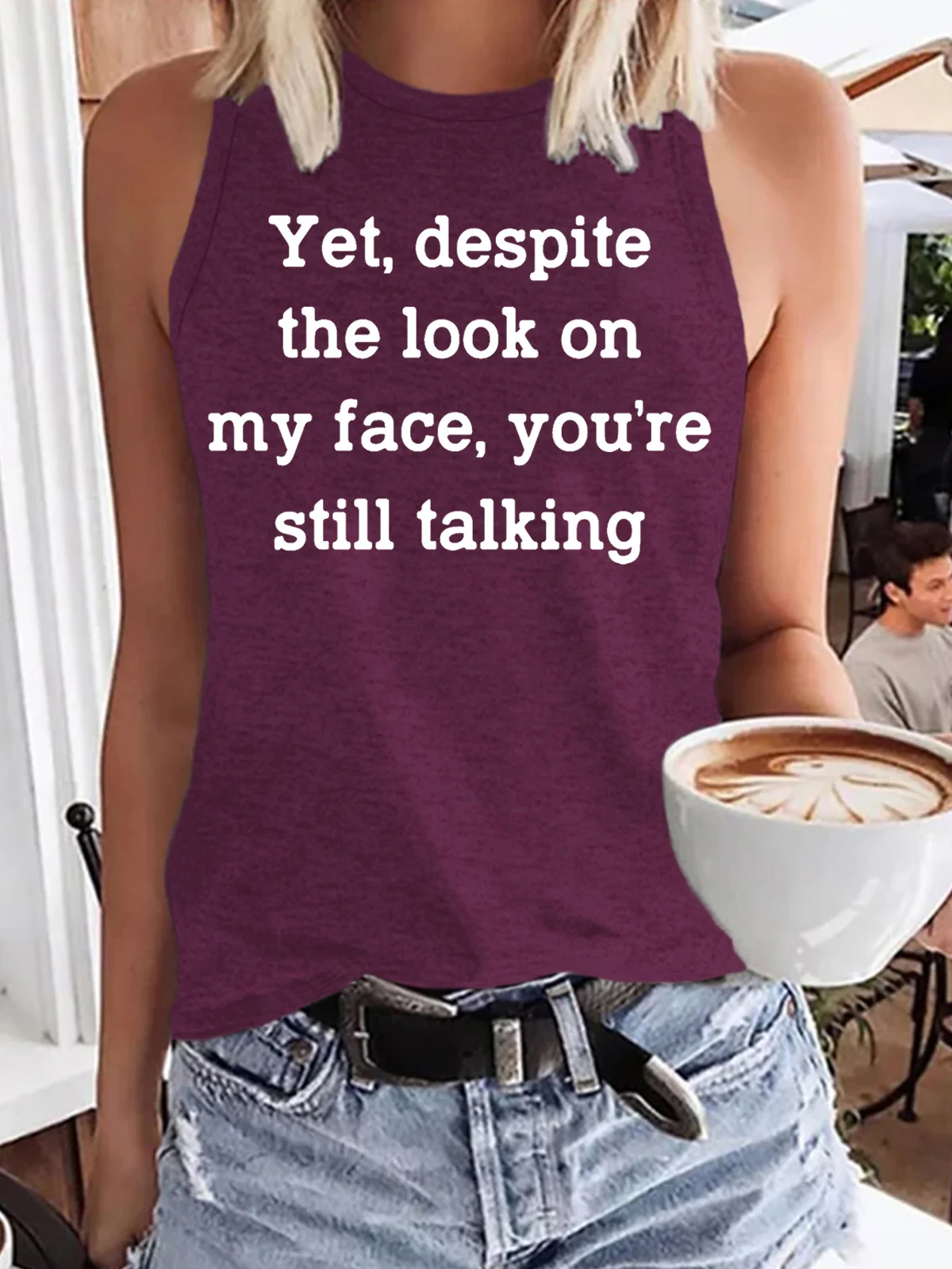 Womens Funny Letters Yet Despite the Look on My Face Casual Tanks Top